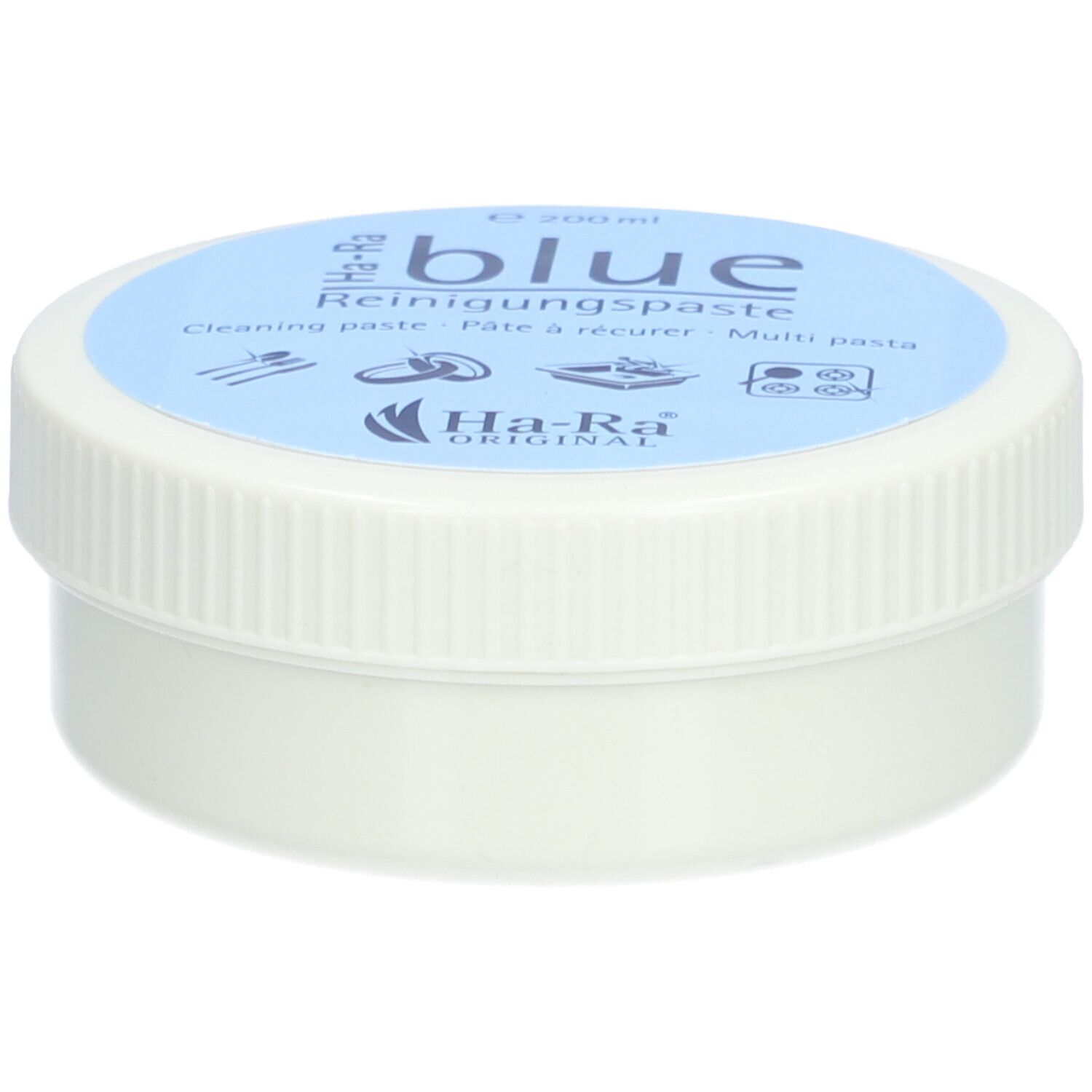 Witte pot met blauw deksel. Opschrift: blue Reinigungspaste. Ha-Ra Original logo.