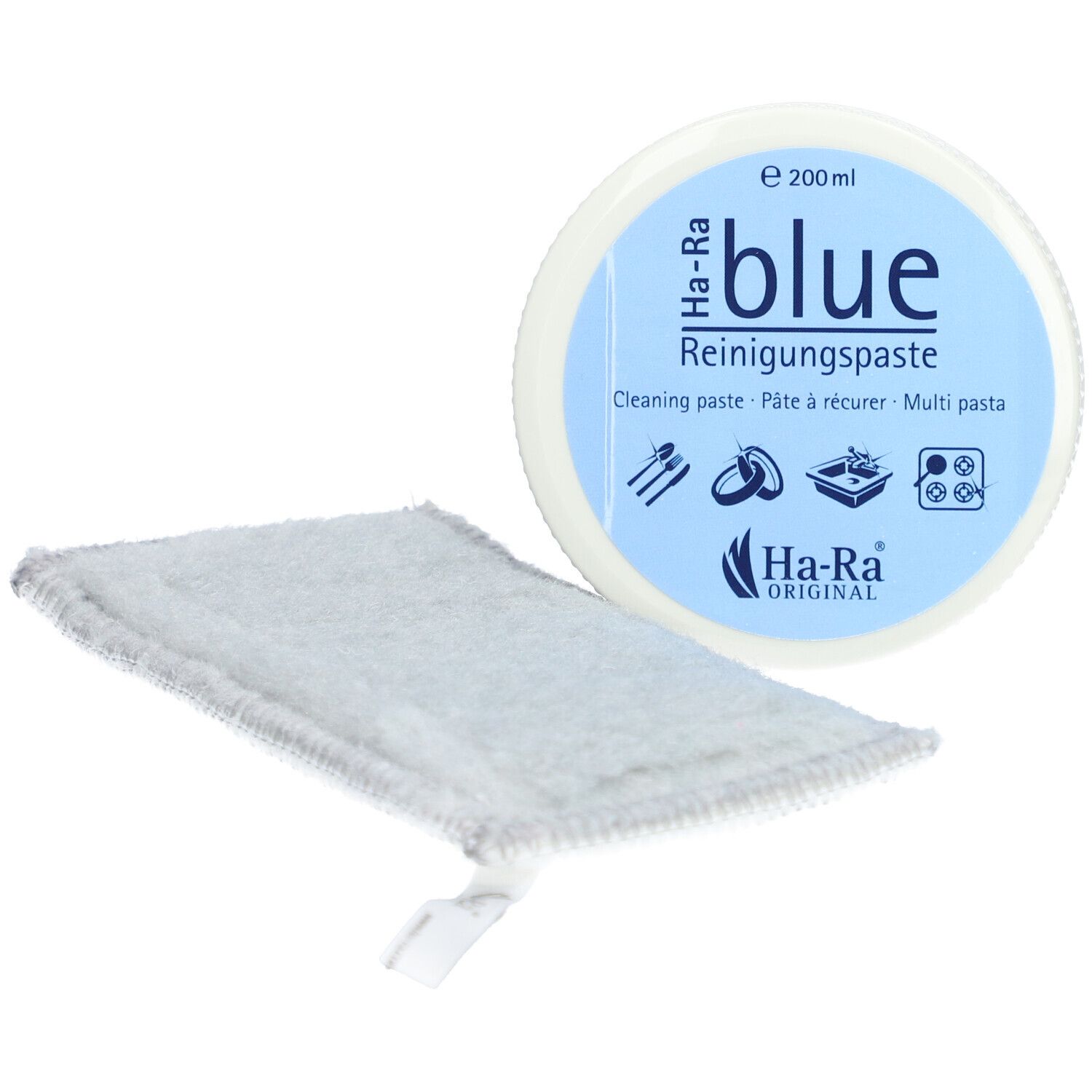 Nettoyant bleu et chiffon en fibre. Boîte ronde imprimée, chiffon à côté. Texte: Ha-Ra blue, 200ml.