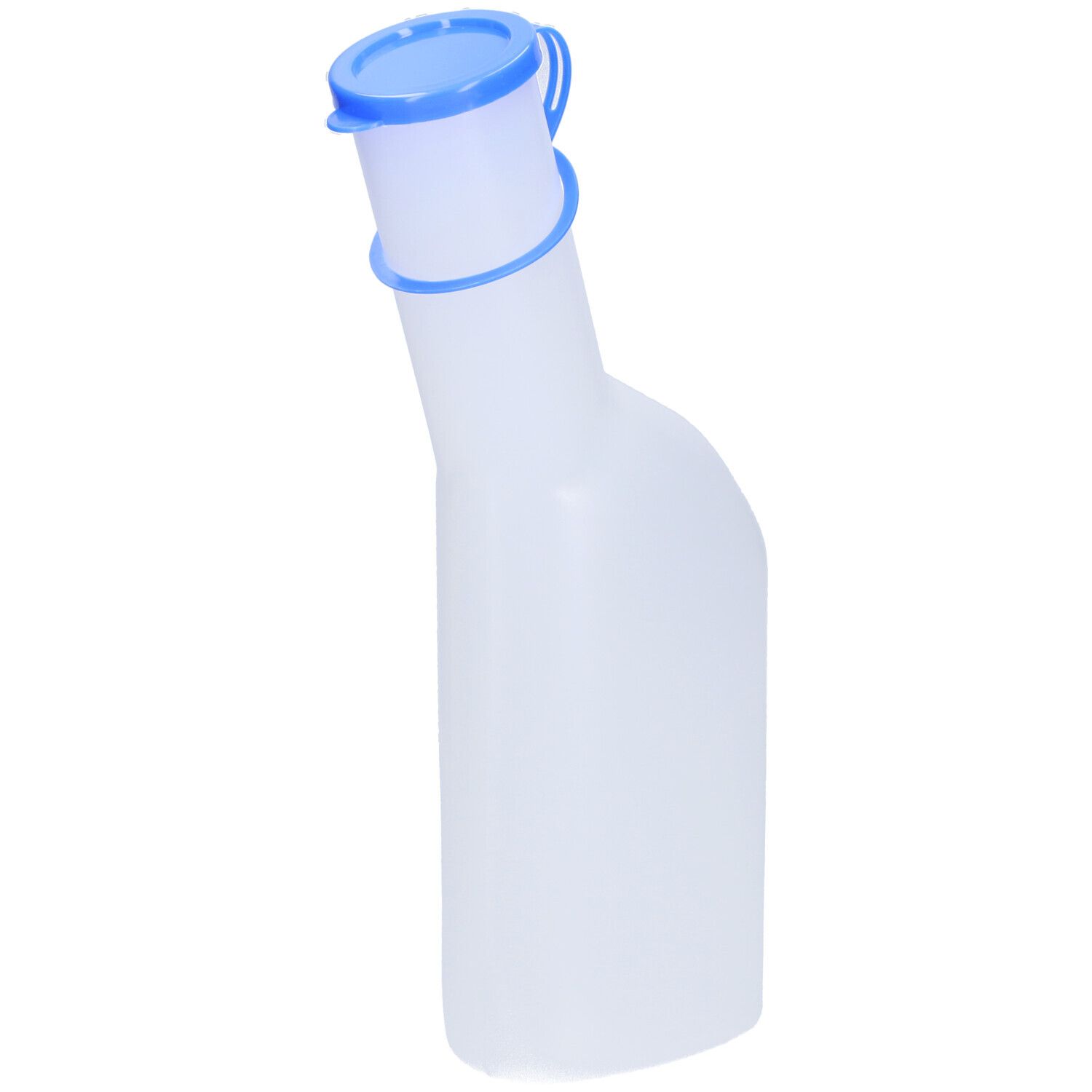 Urinal masculin en plastique transparent, bouchon et anneau bleus.