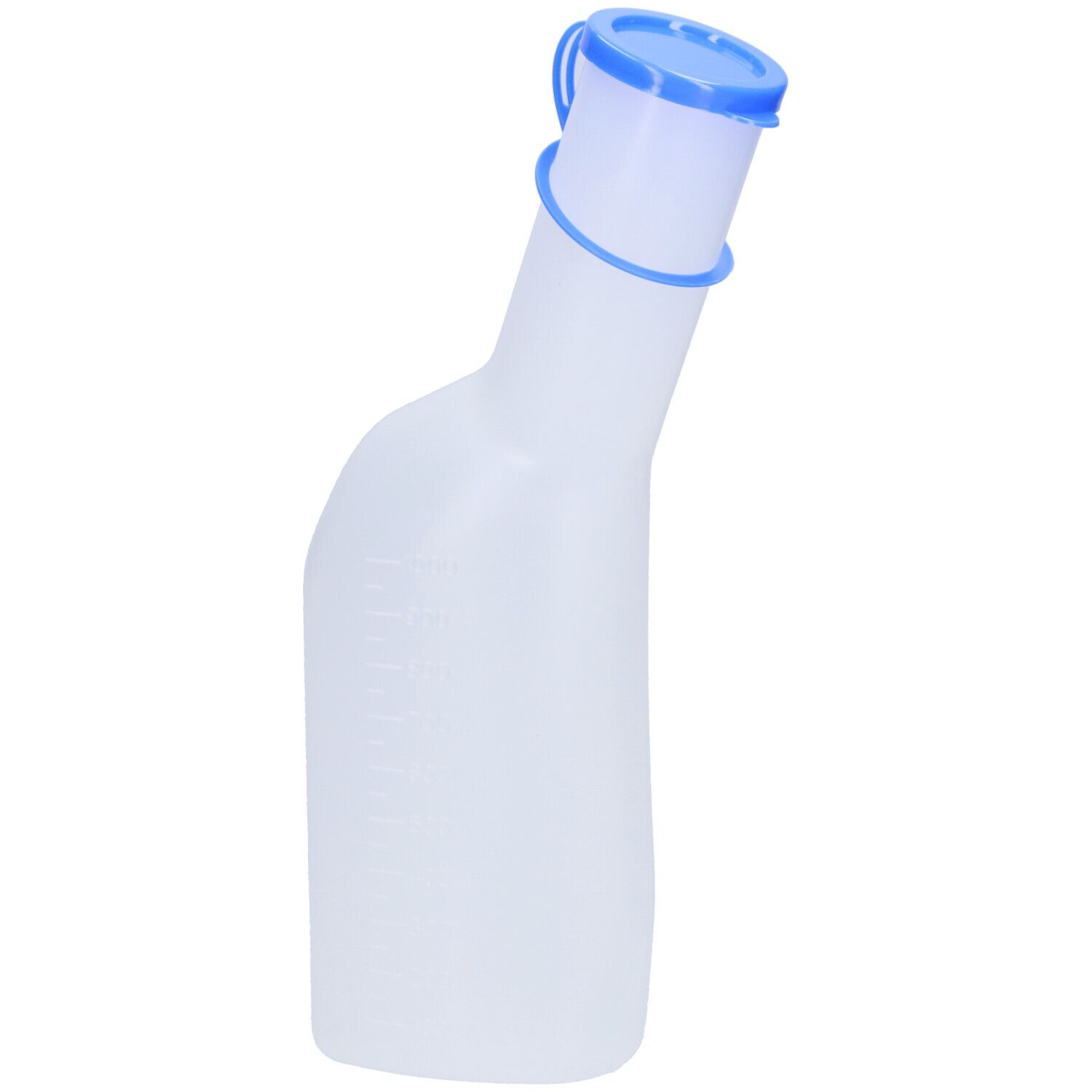 Urinal masculin transparent, bouchon bleu, avec échelle graduée.