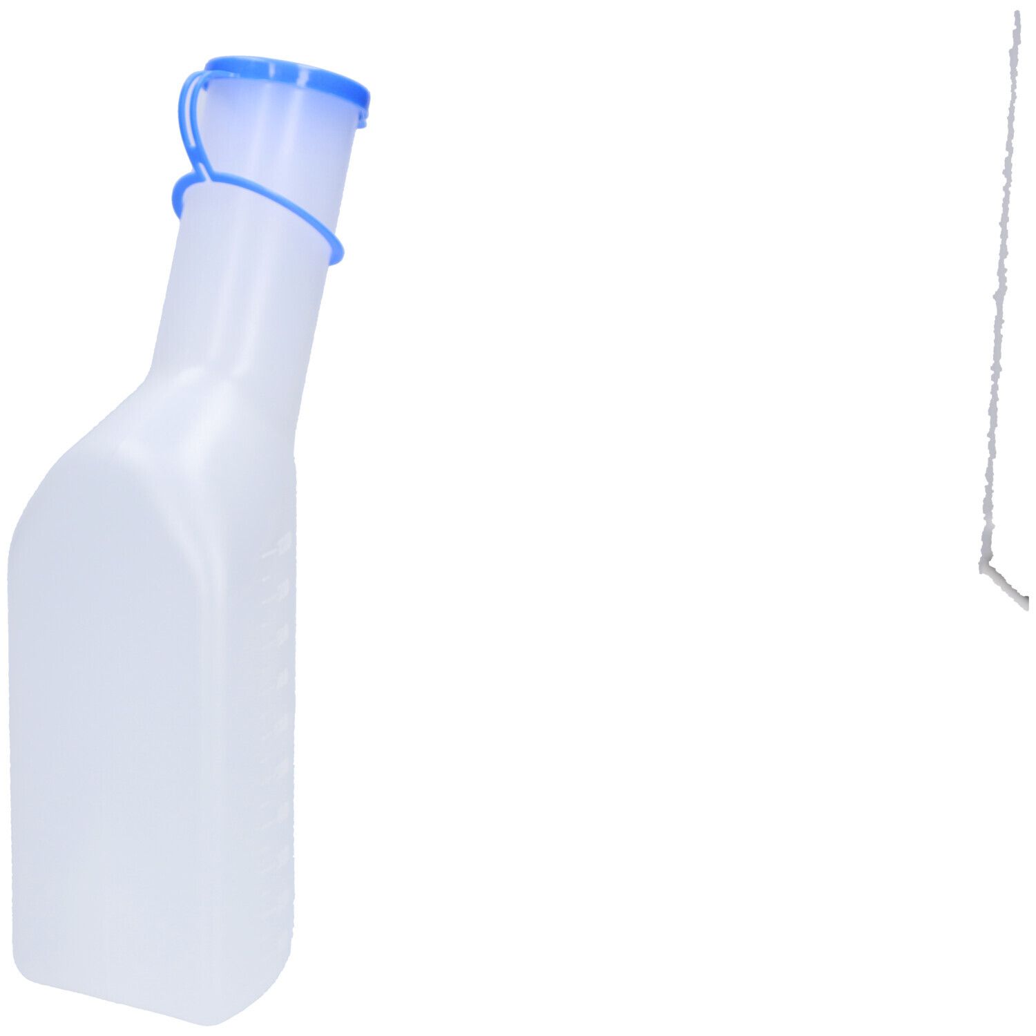 Urinal masculin, plastique transparent, bouchon et anneau bleus.
