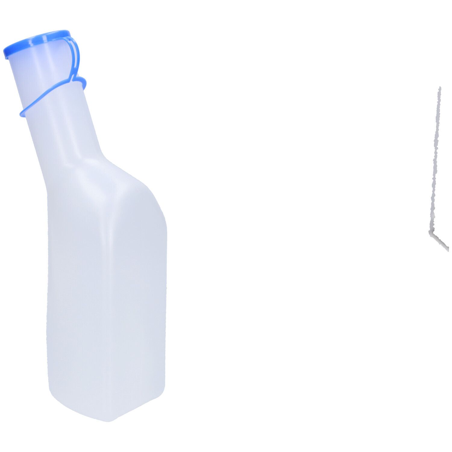 Urinal masculin, plastique transparent, bouchon et anneau bleus.