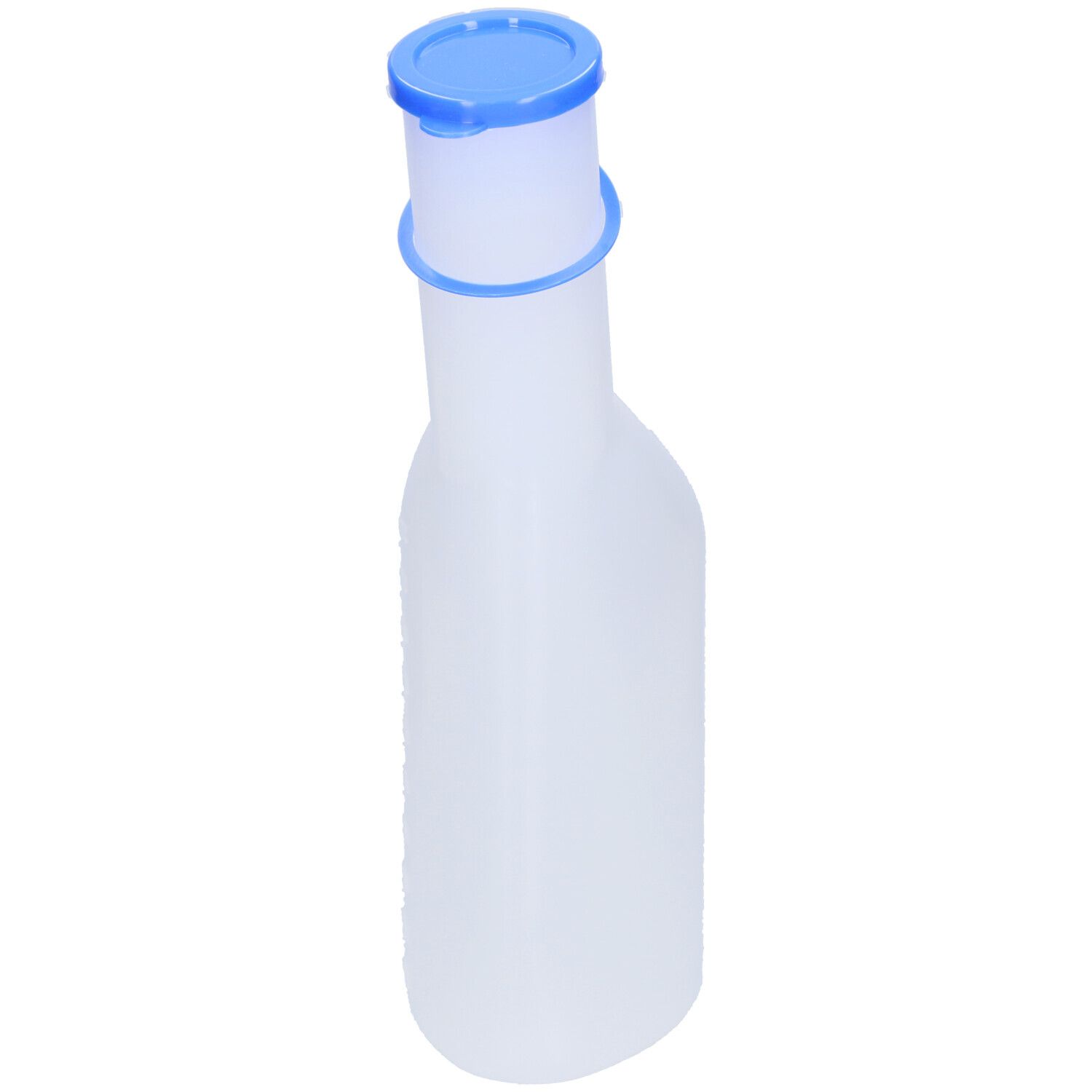 Urinal masculin, plastique transparent, bouchon et anneau bleus.