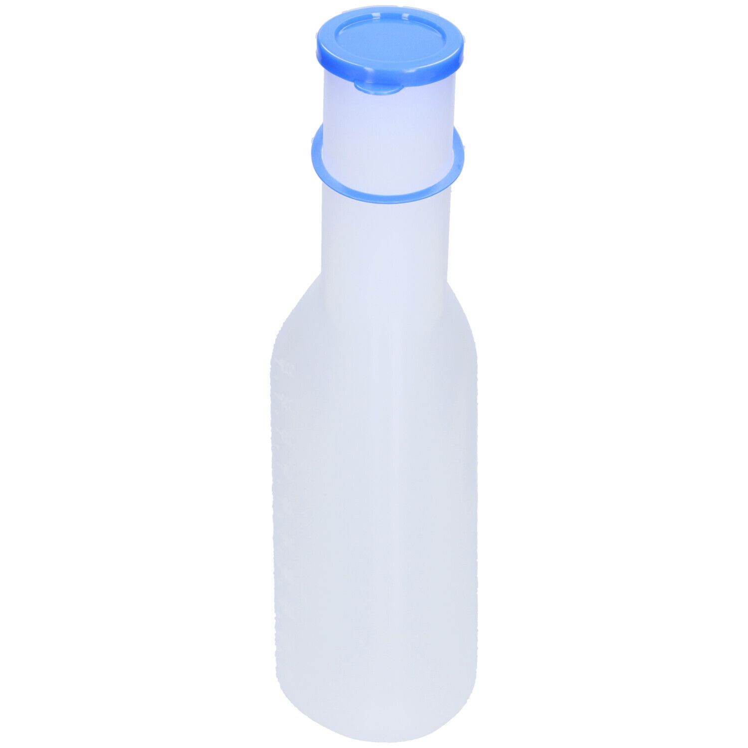 Urinal masculin, plastique transparent, bouchon et anneau bleus.
