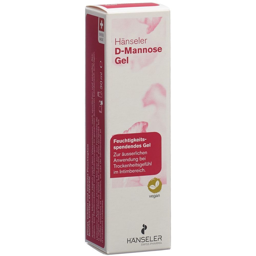 Gel Hänseler D-Mannose en emballage. Boîte blanche avec texte rouge et croix suisse. Label végan.