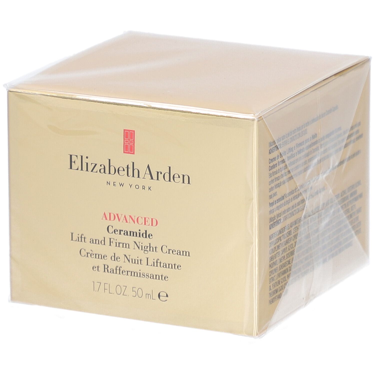 Verpakking van Elizabeth Arden nachtcrème. Gouden doos met productnaam en logo.