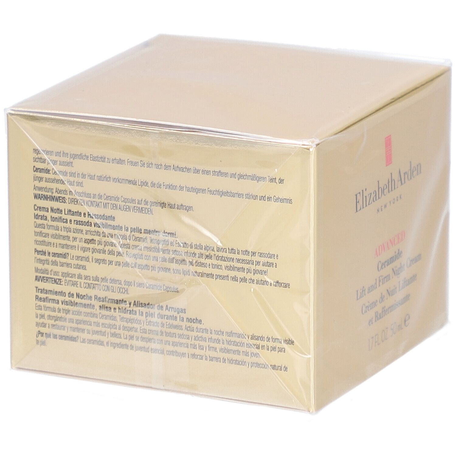 Achterkant van de verpakking van Elizabeth Arden nachtcrème. Tekst in meerdere talen.