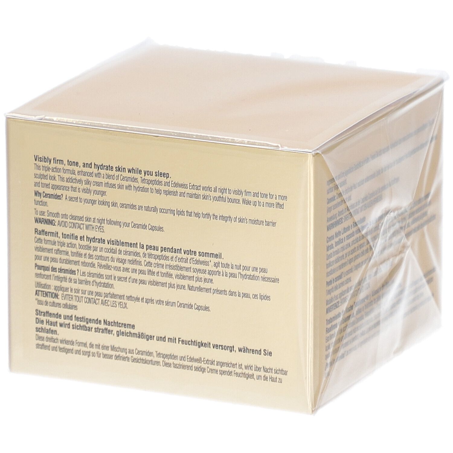 Achterkant van de verpakking van Elizabeth Arden nachtcrème. Tekst in meerdere talen.