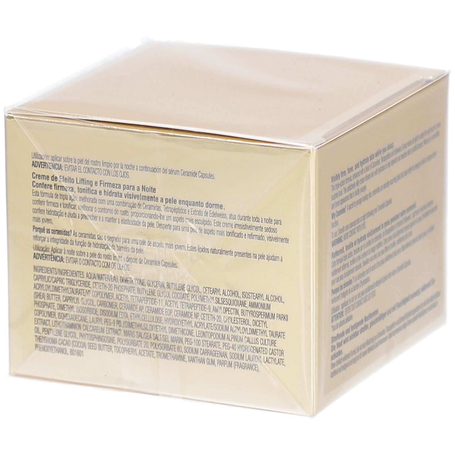 Achterkant van de verpakking van Elizabeth Arden nachtcrème. Tekst in meerdere talen.