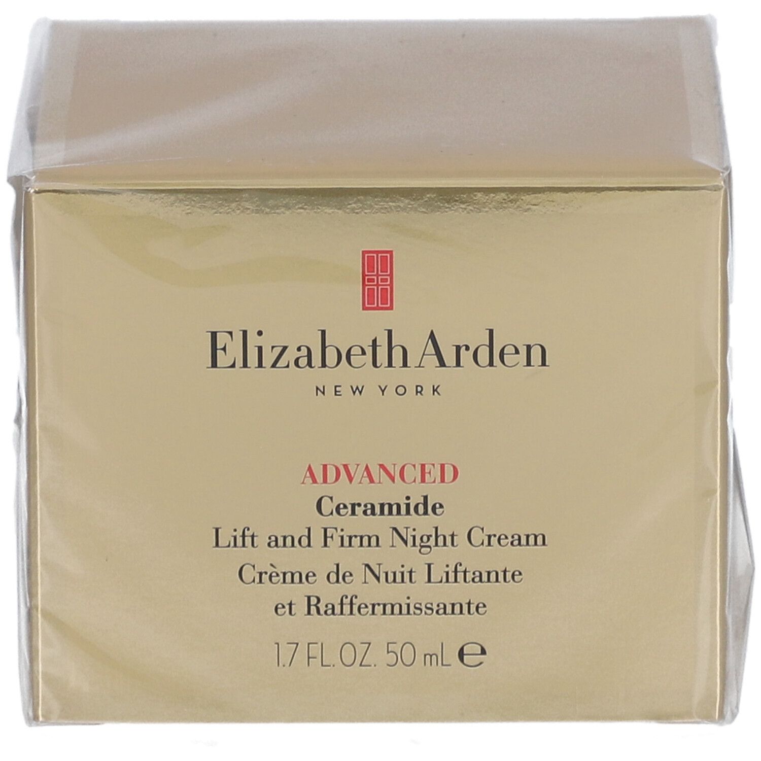 Voorkant van de verpakking van Elizabeth Arden nachtcrème. Productnaam en logo.