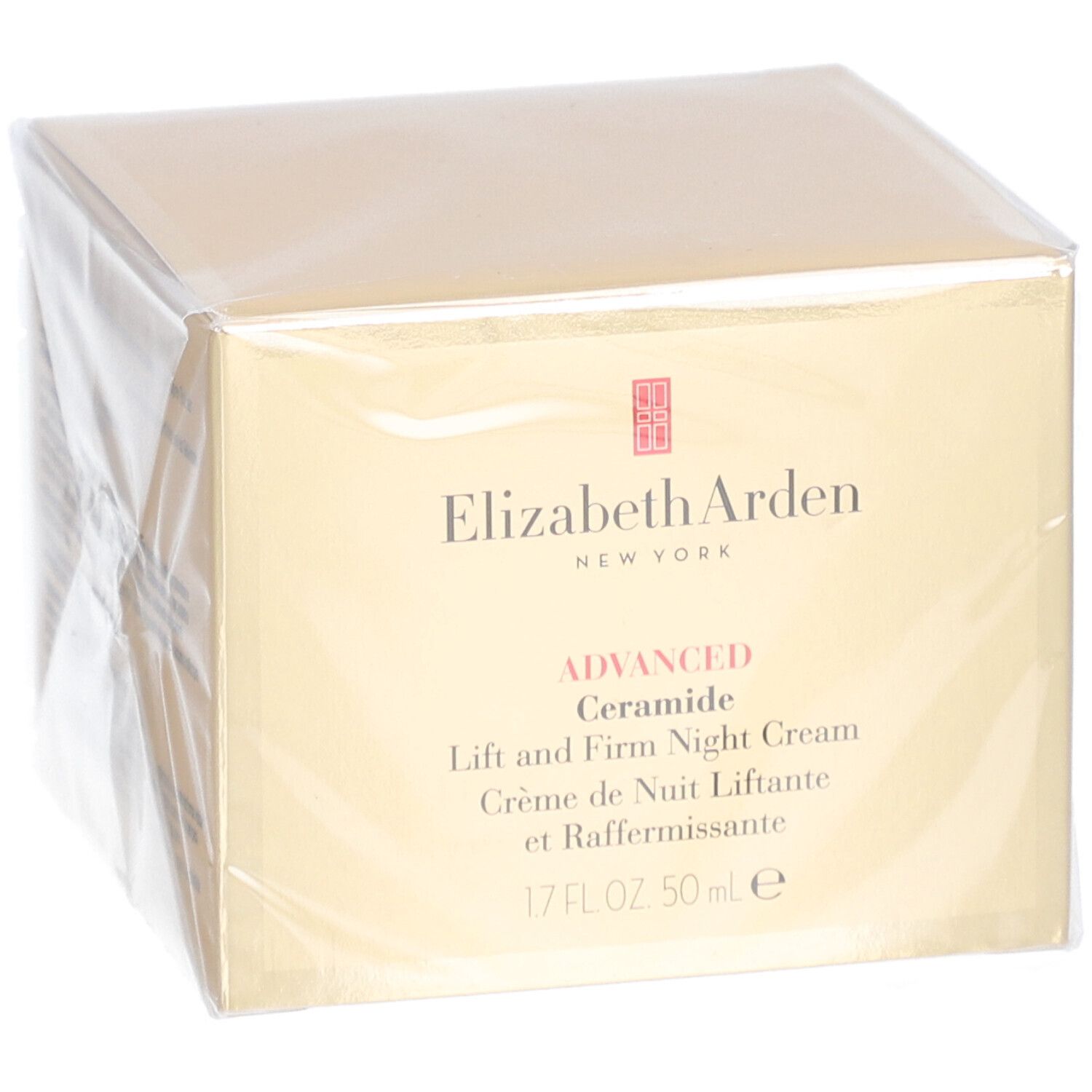 Verpakking van Elizabeth Arden nachtcrème. Gouden doos met productnaam en logo.