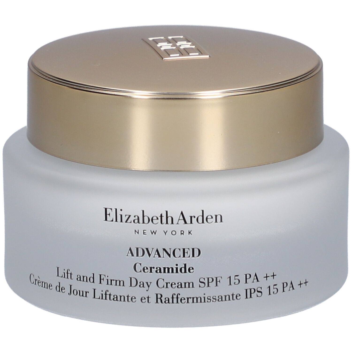Crèmepot met gouden deksel. Opschrift: Elizabeth Arden, Advanced Ceramide, Lift and Firm Day Cream SPF 15 PA ++.