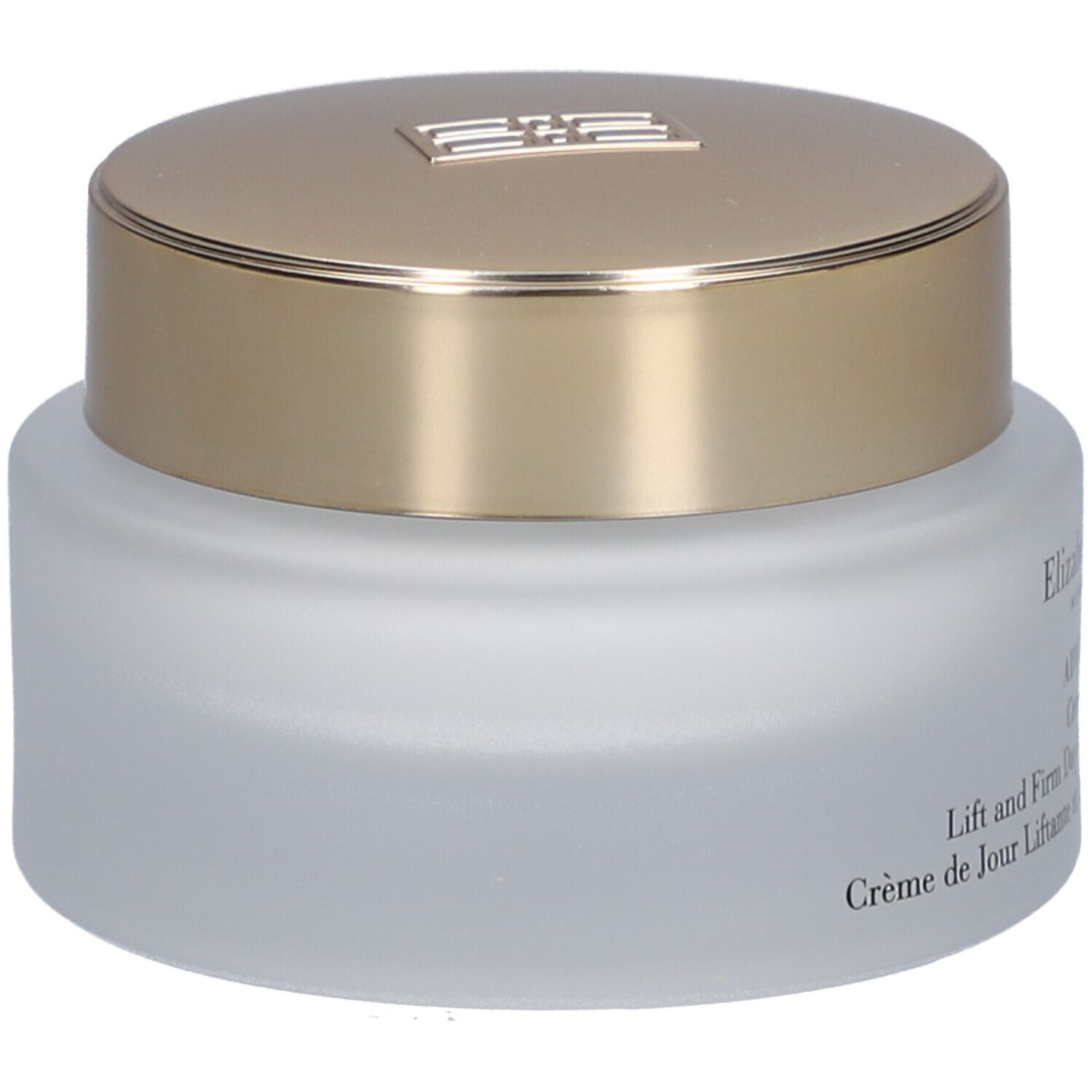 Crèmepot met gouden deksel. Opschrift: Elizabeth Arden, Lift and Firm Day Cream. Zijaanzicht.
