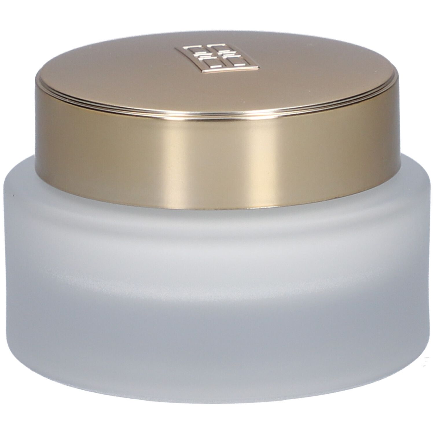 Crèmepot met gouden deksel. Bovenaanzicht. Geen andere details zichtbaar.