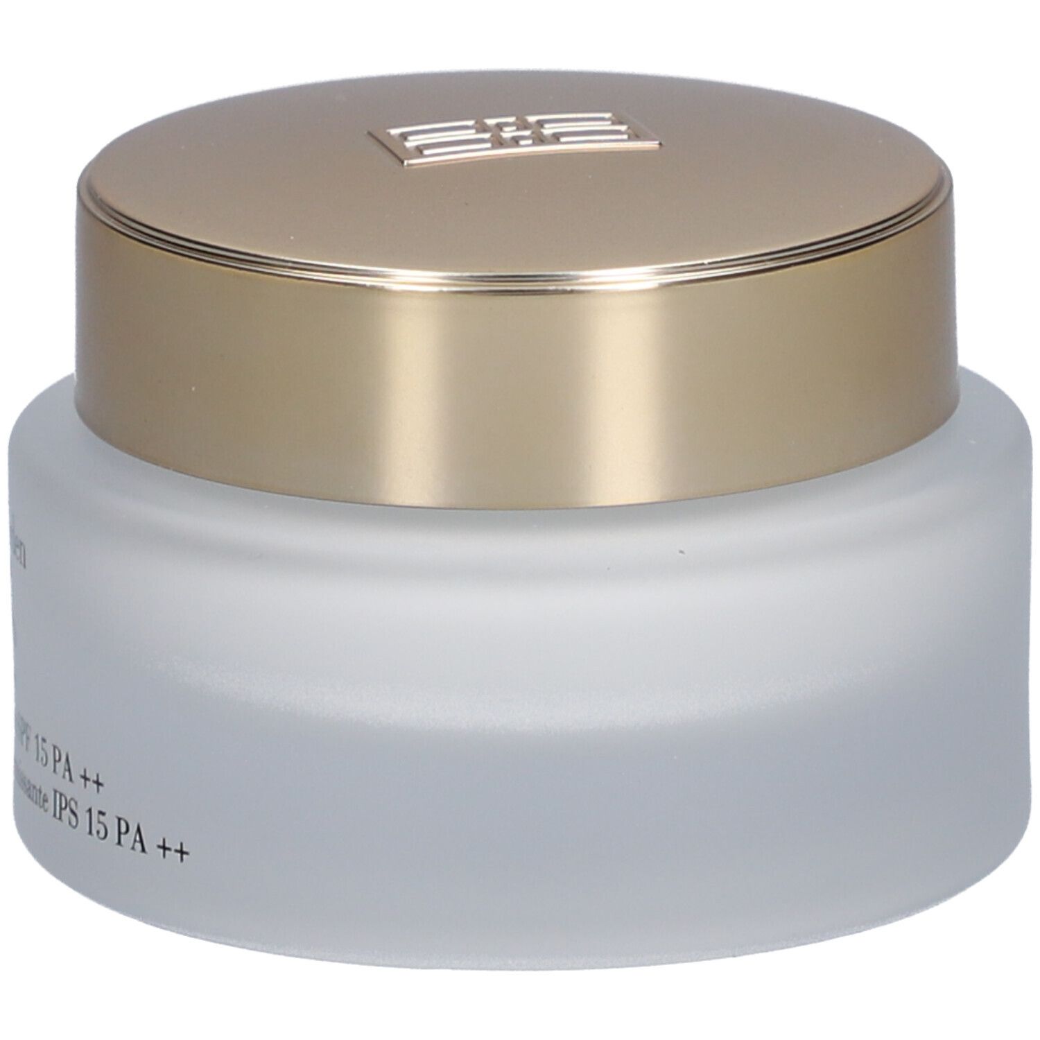 Crèmepot met gouden deksel. Opschrift: Elizabeth Arden, Lift and Firm Day Cream. Zijaanzicht.