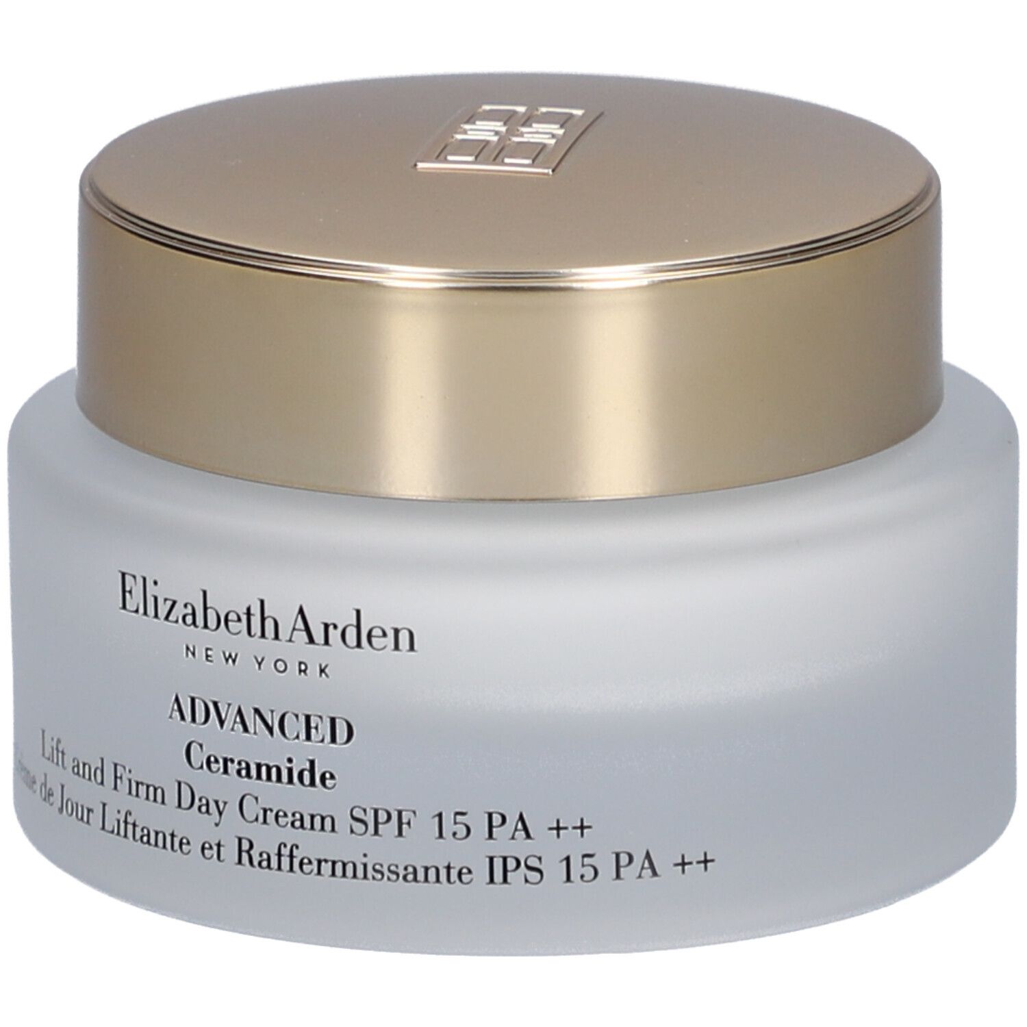 Crèmepot met gouden deksel. Opschrift: Elizabeth Arden, Advanced Ceramide, Lift and Firm Day Cream SPF 15 PA ++.