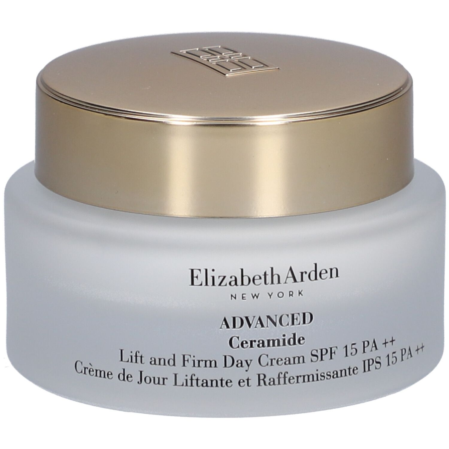 Crèmepot met gouden deksel. Opschrift: Elizabeth Arden, Advanced Ceramide, Lift and Firm Day Cream SPF 15 PA ++.