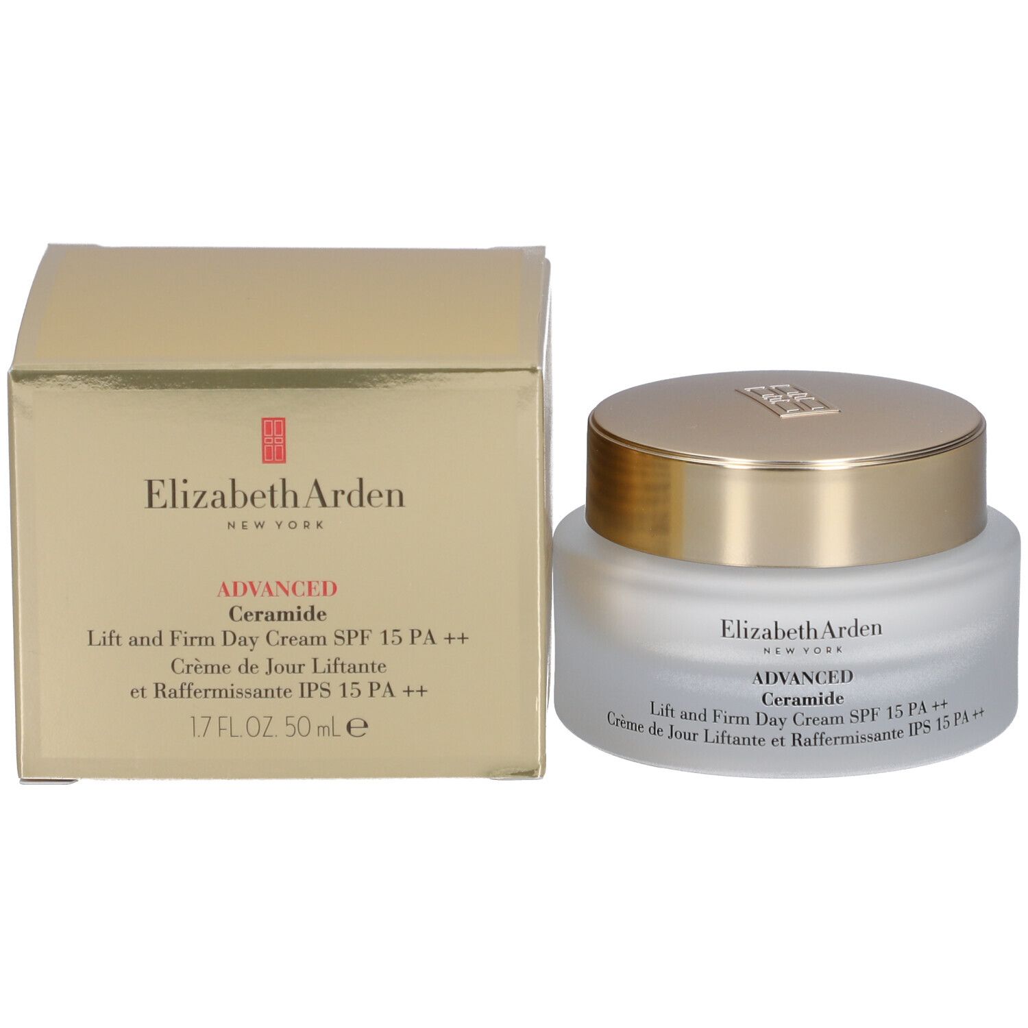 Crèmepot en doos. Opschrift: Elizabeth Arden, Advanced Ceramide, Lift and Firm Day Cream SPF 15 PA ++, 50 ml.