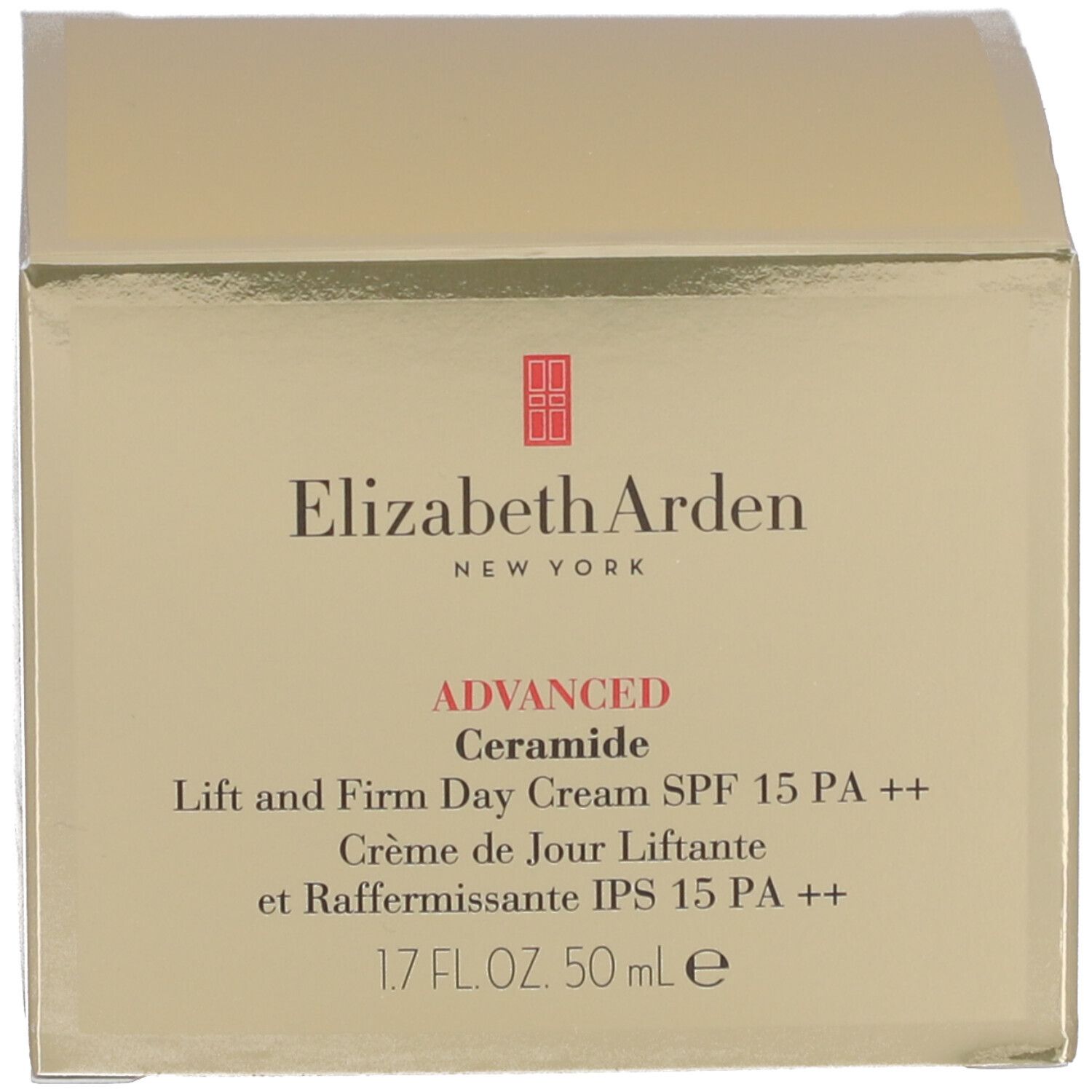 Doos. Opschrift: Elizabeth Arden, Advanced Ceramide, Lift and Firm Day Cream SPF 15 PA ++, 50 ml.
