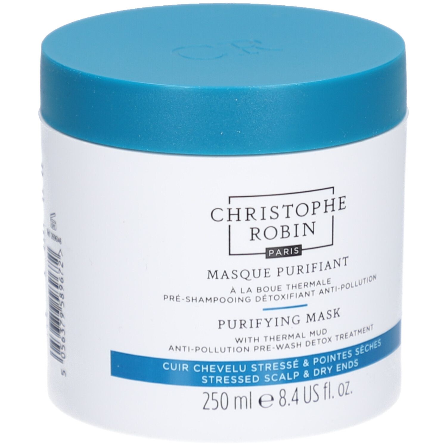 Witte pot met blauwe deksel. Opschrift: Christophe Robin, Masque Purifiant, 250 ml.