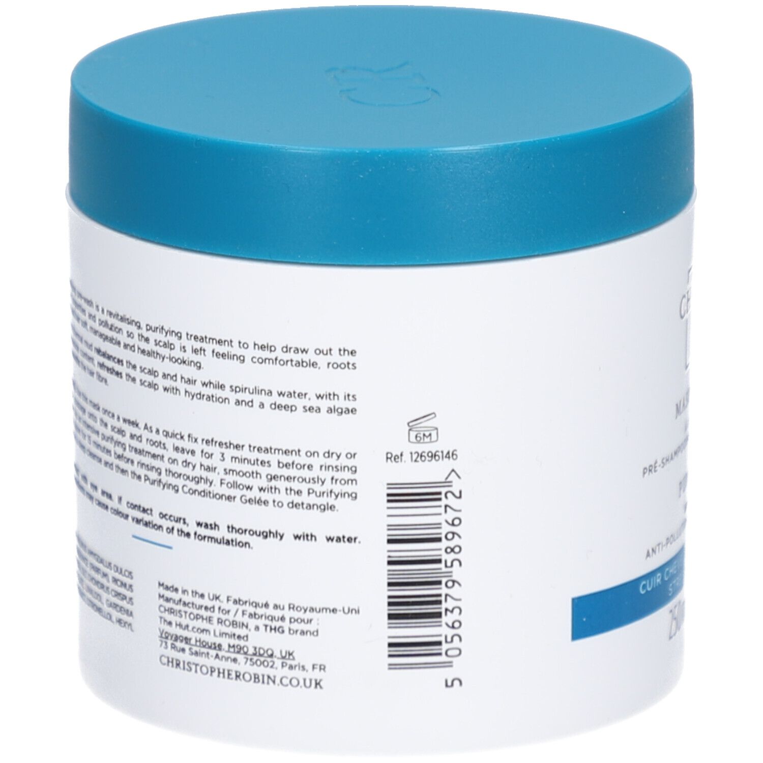 Achterkant van de witte pot met blauwe deksel. Tekst en barcode.