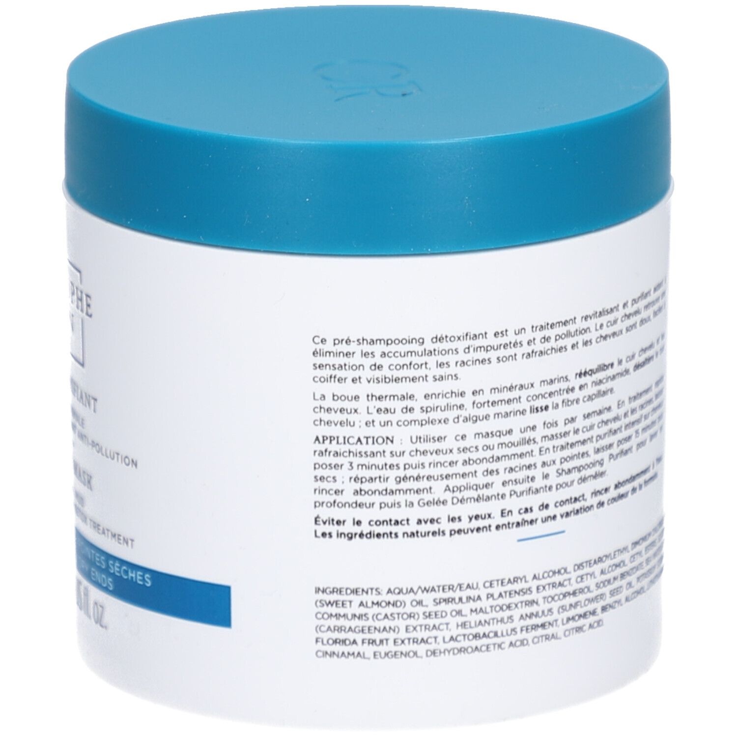 Achterkant van de witte pot met blauwe deksel. Tekst over gebruik en ingrediënten.