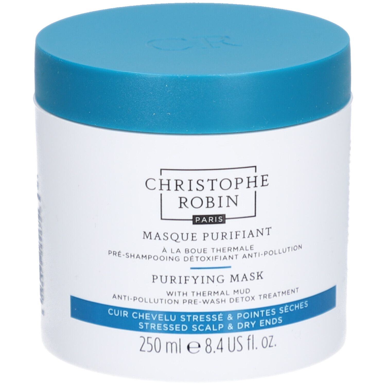 Witte pot met blauwe deksel. Opschrift: Christophe Robin, Masque Purifiant, 250 ml.