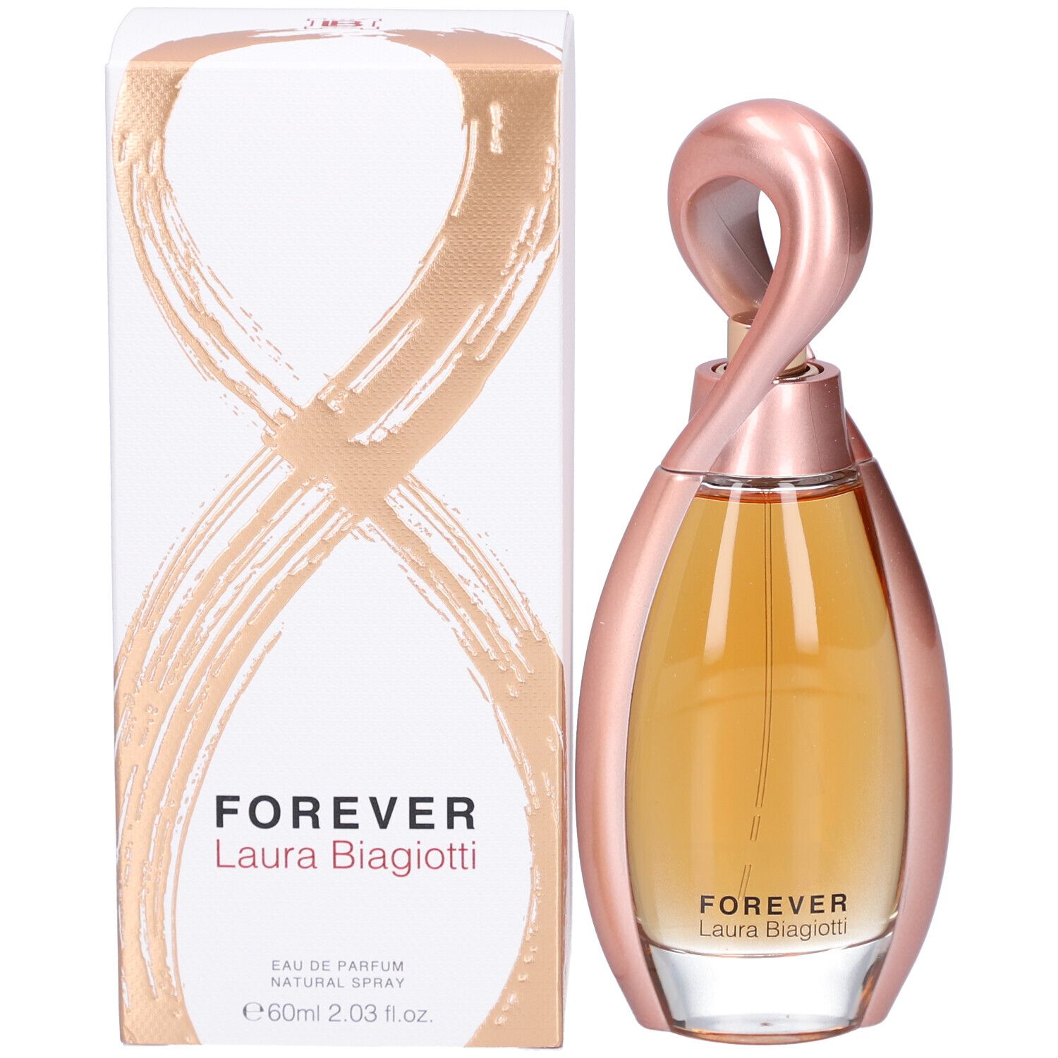 Flacon de parfum avec cadre métallique rose et contenu doré. L'emballage porte la mention "FOREVER Laura Biagiotti".