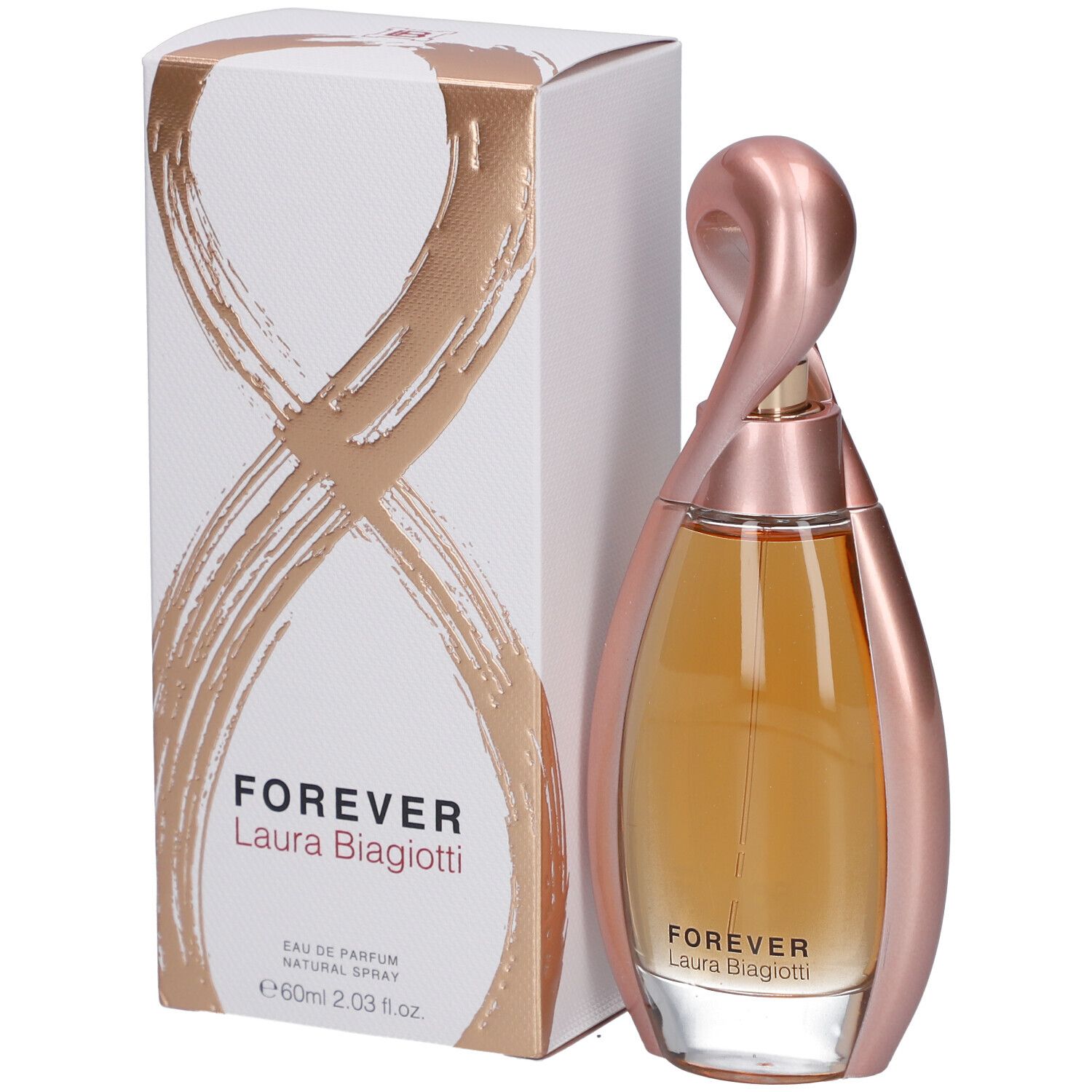 Flacon de parfum avec cadre métallique rose et contenu doré. L'emballage porte la mention "FOREVER Laura Biagiotti".