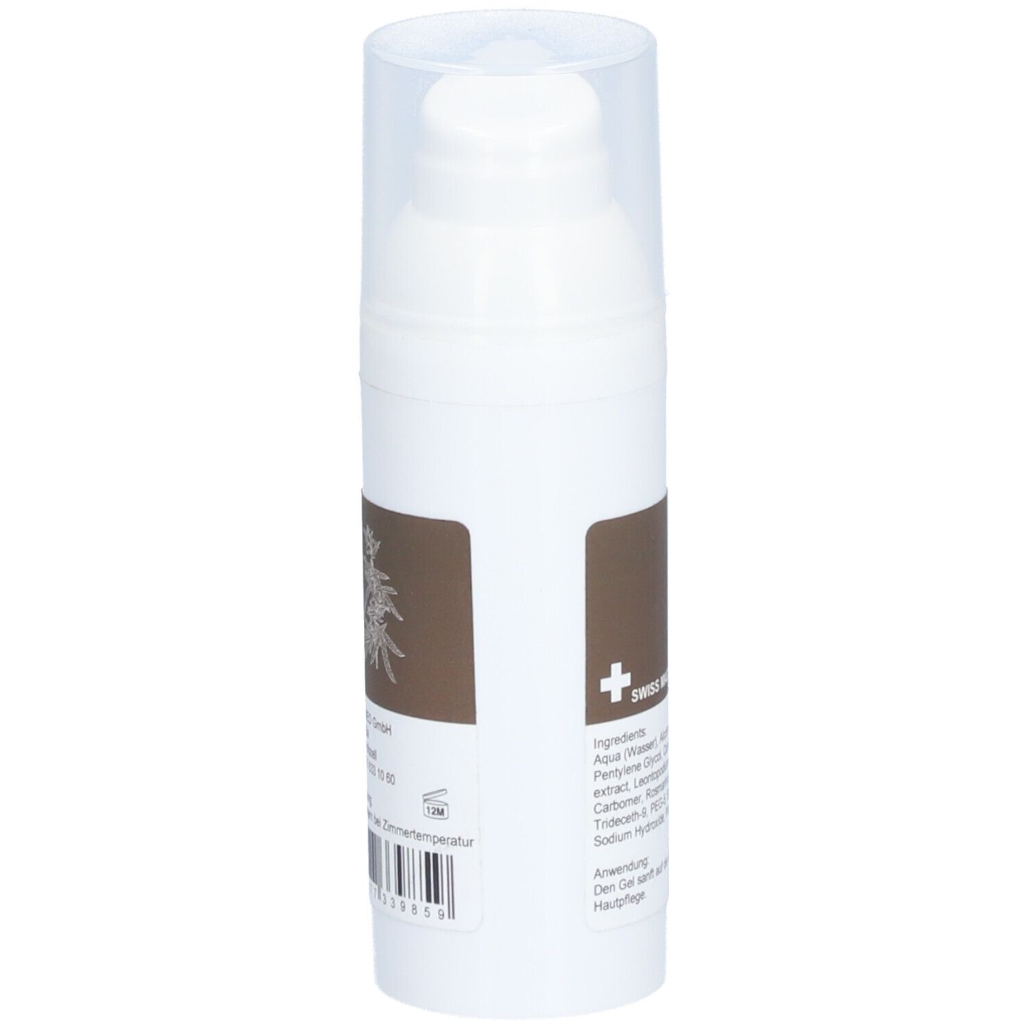 Flacon blanc avec pompe et étiquette marron. Logo Swiss Made. Contient des ingrédients. Bouchon transparent.