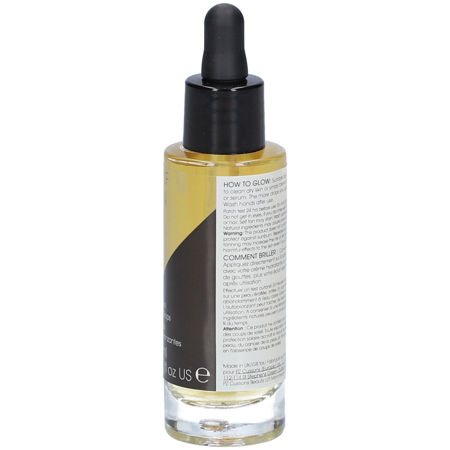 Achterkant van glazen fles met bruine vloeistof. Zwarte dop en pipet. Meertalige tekst.