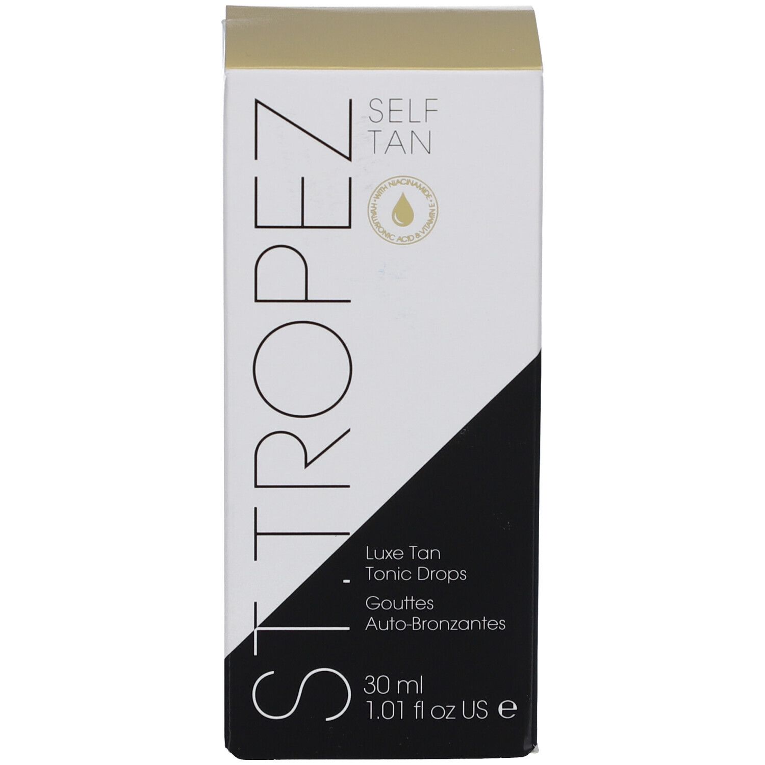 Witte doos met zwart en goud design. Opschrift: SELF TAN, Luxe Tan Tonic Drops.