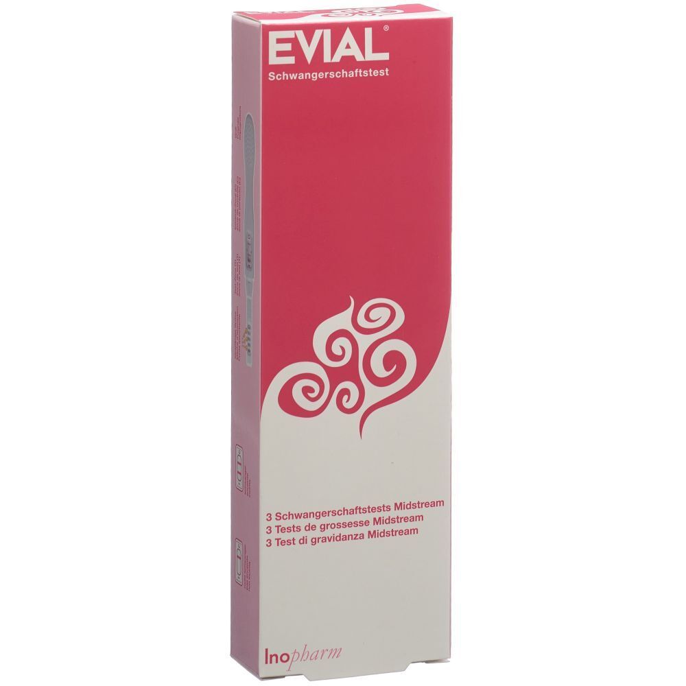 Boîte de test de grossesse EVIAL. Design rose et blanc avec nom du produit et contenu.