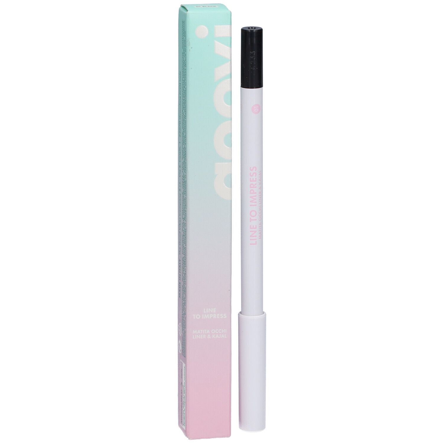 Zwarte eyeliner en kajal met verpakking. Merk Goovi, opschrift "LINE TO IMPRESS".