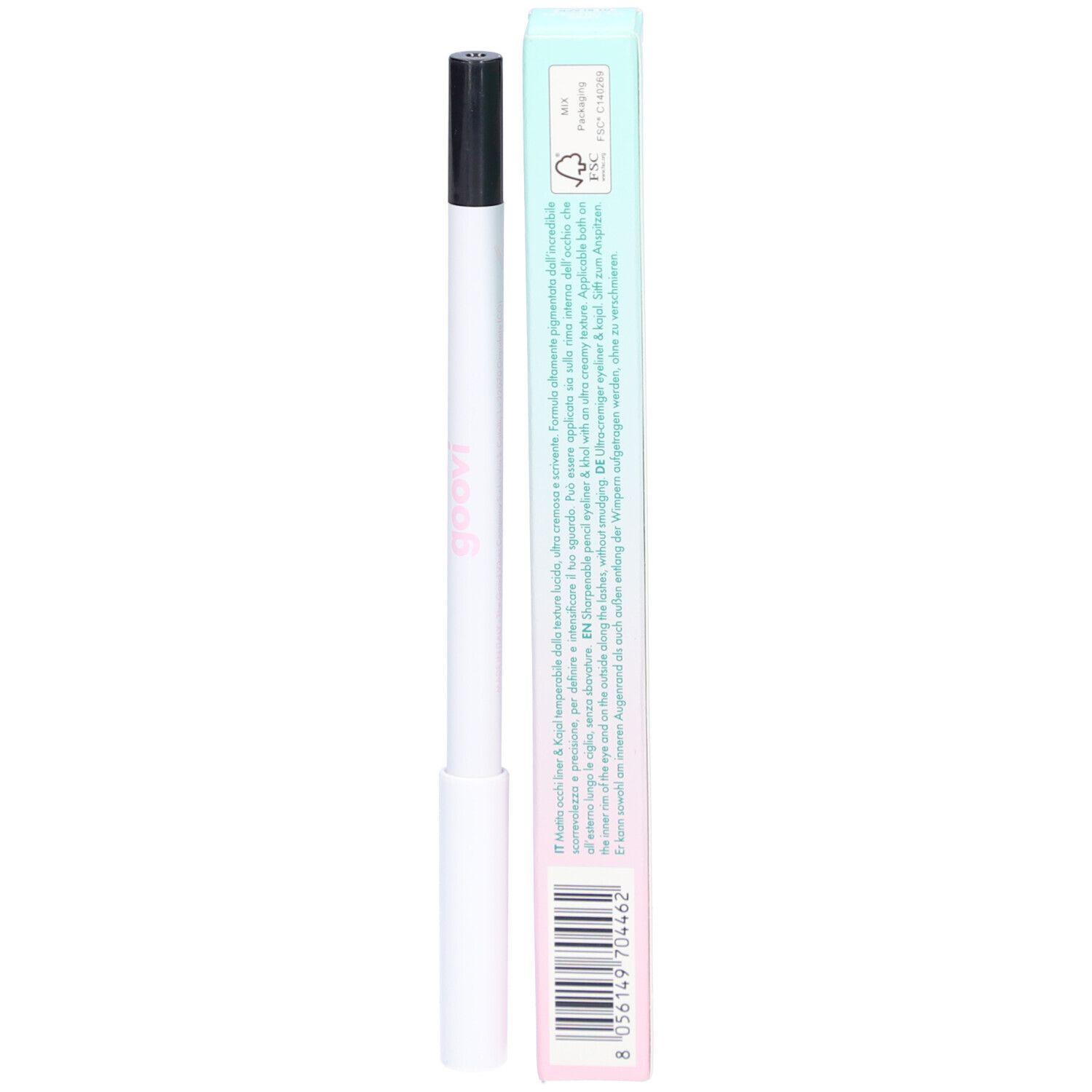 Zwarte eyeliner en kajal met verpakking. Merk Goovi, barcode op de verpakking.