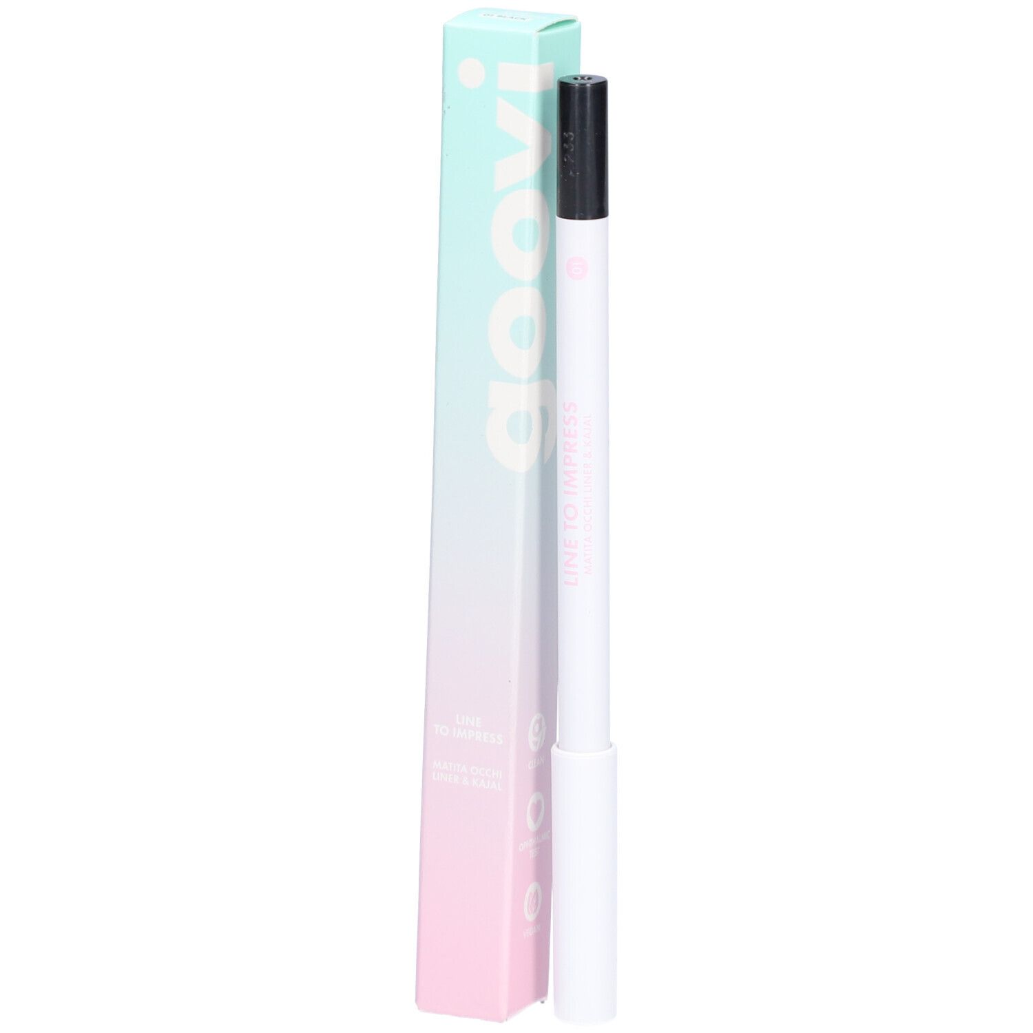 Zwarte eyeliner en kajal met verpakking. Merk Goovi, opschrift "LINE TO IMPRESS".
