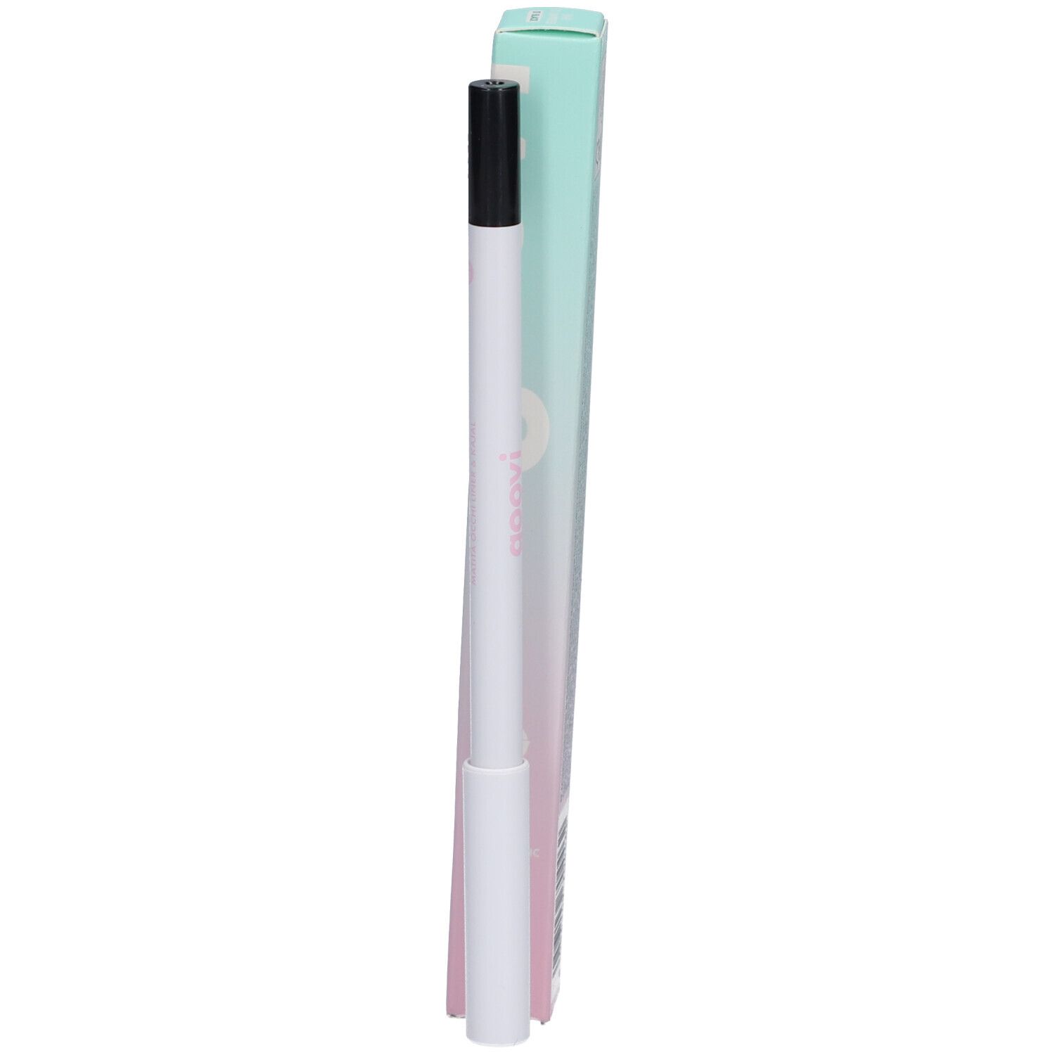 Zwarte eyeliner en kajal met verpakking. Merk Goovi, opschrift "LINE TO IMPRESS".