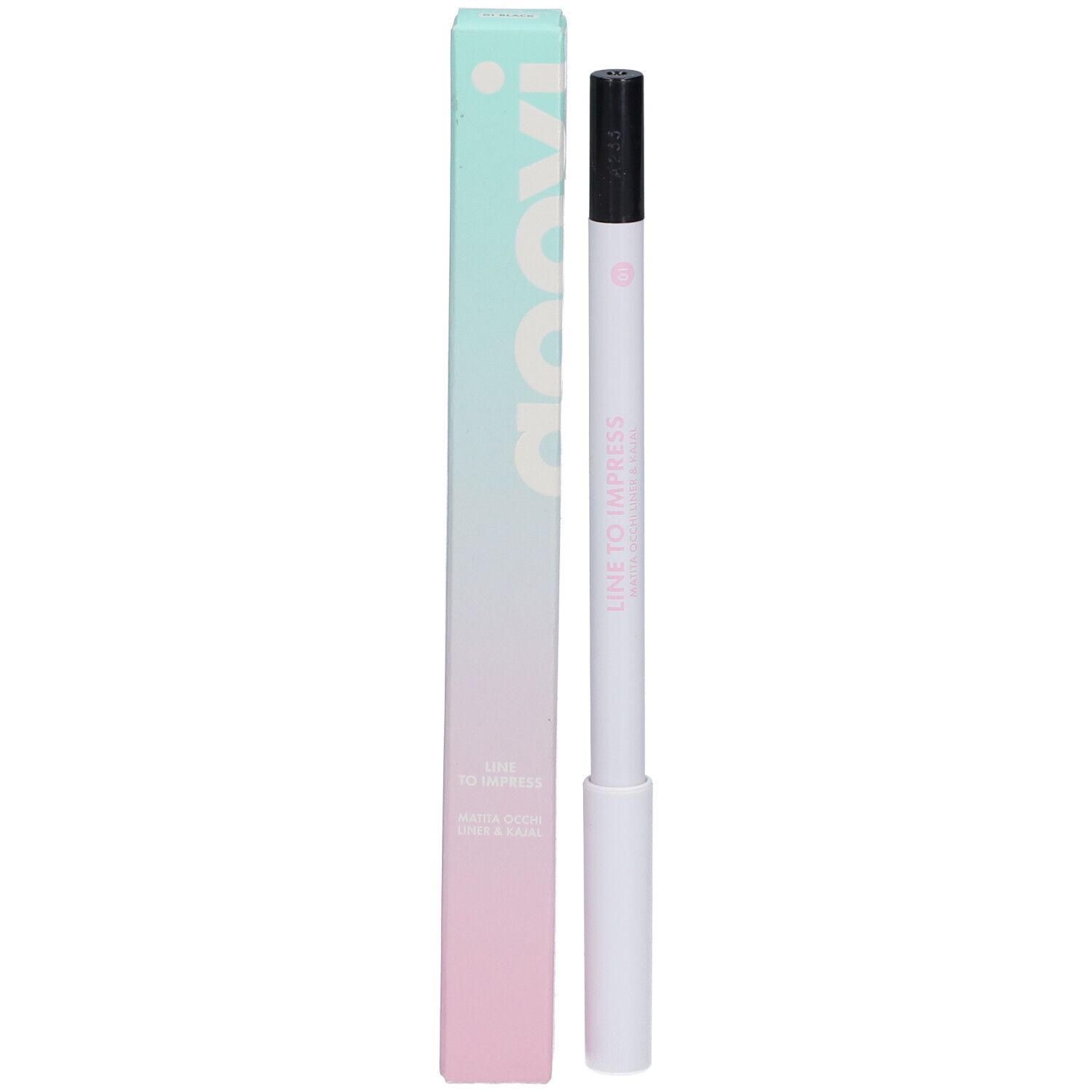 Zwarte eyeliner en kajal met verpakking. Merk Goovi, opschrift "LINE TO IMPRESS".