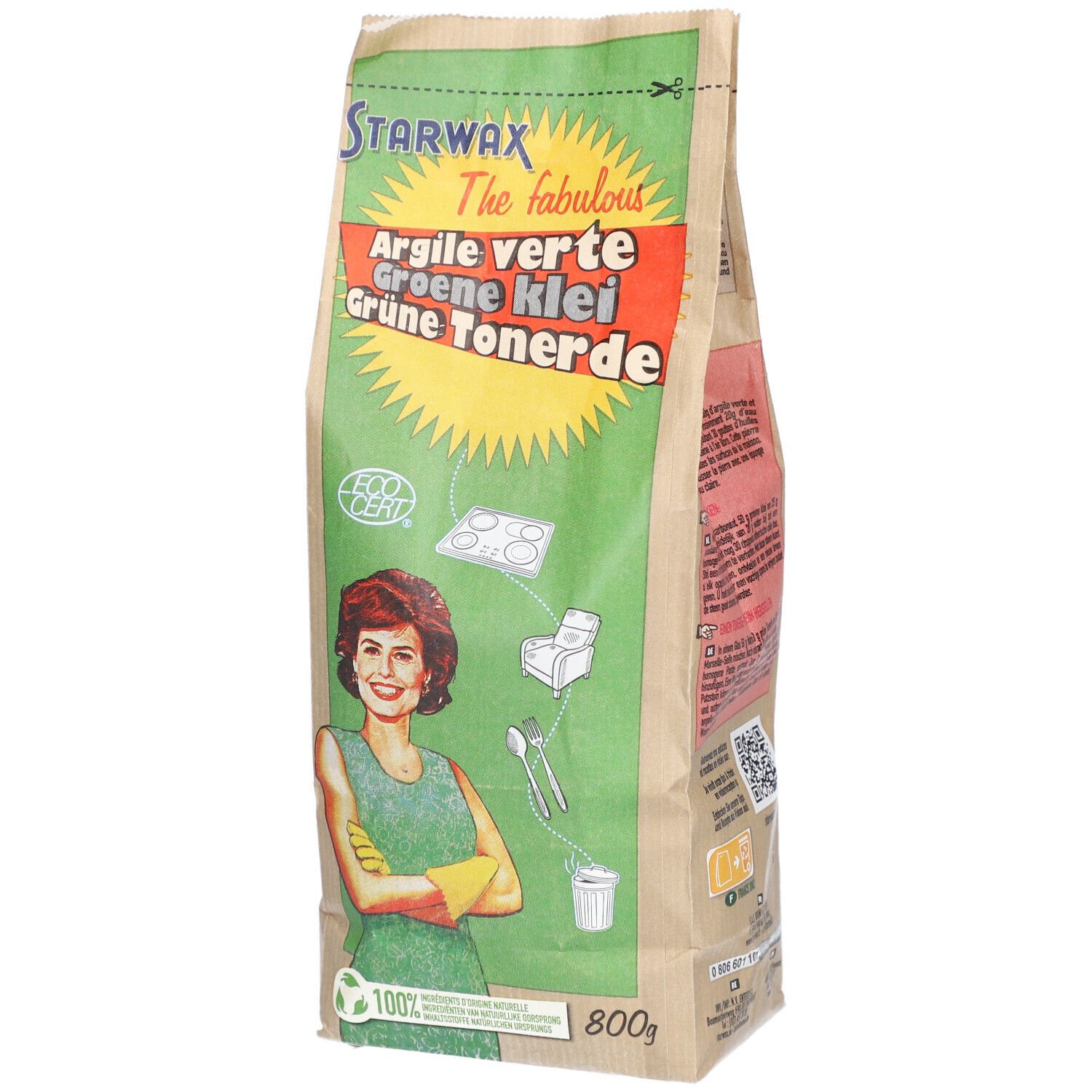 Sac de Starwax Argile Verte, Groene Klei, Grüne Tonerde. Étiquette verte et jaune avec illustration. 800g.