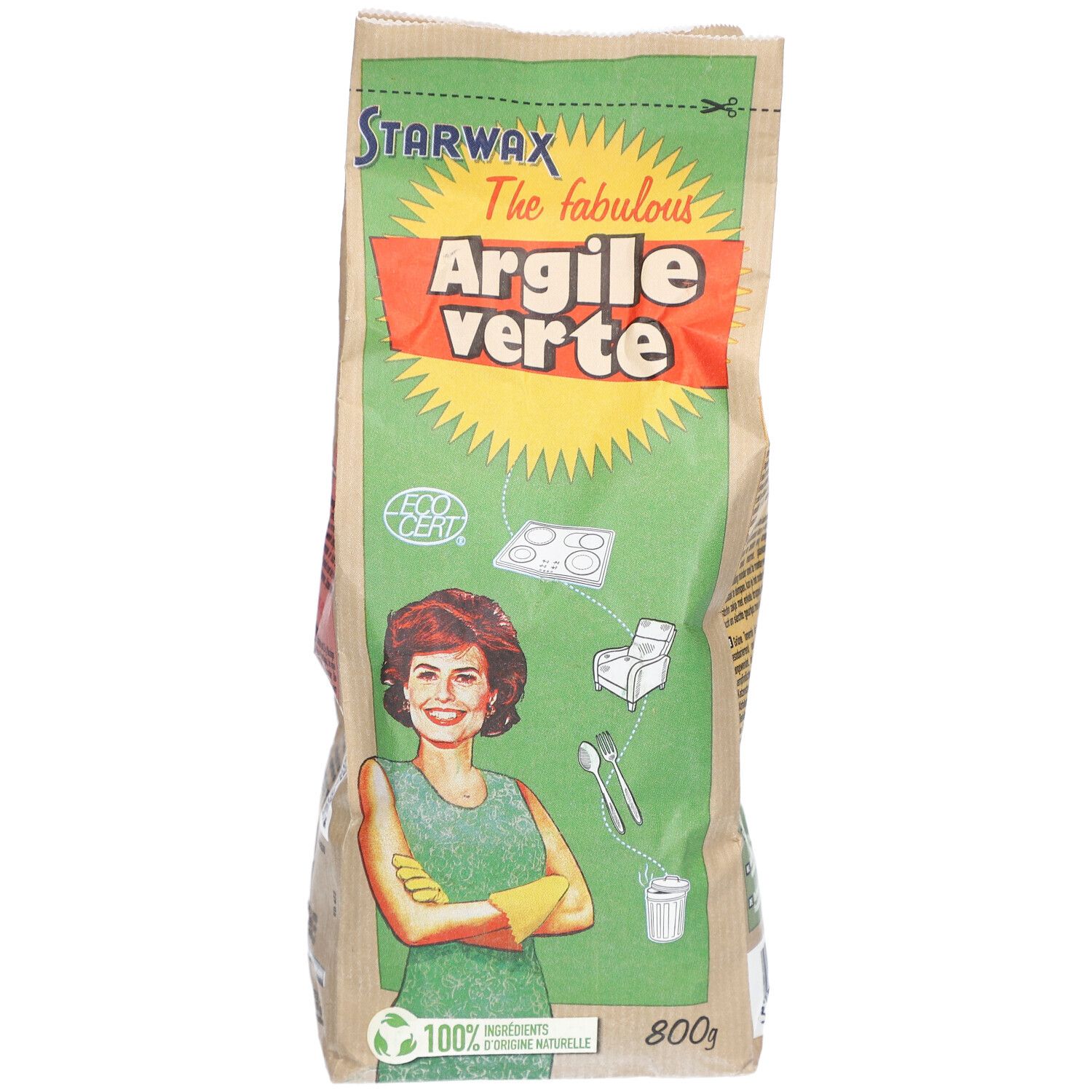 Sac de Starwax Argile Verte. Étiquette verte et jaune avec illustration d'une femme. 800g. Logo ECOCERT.