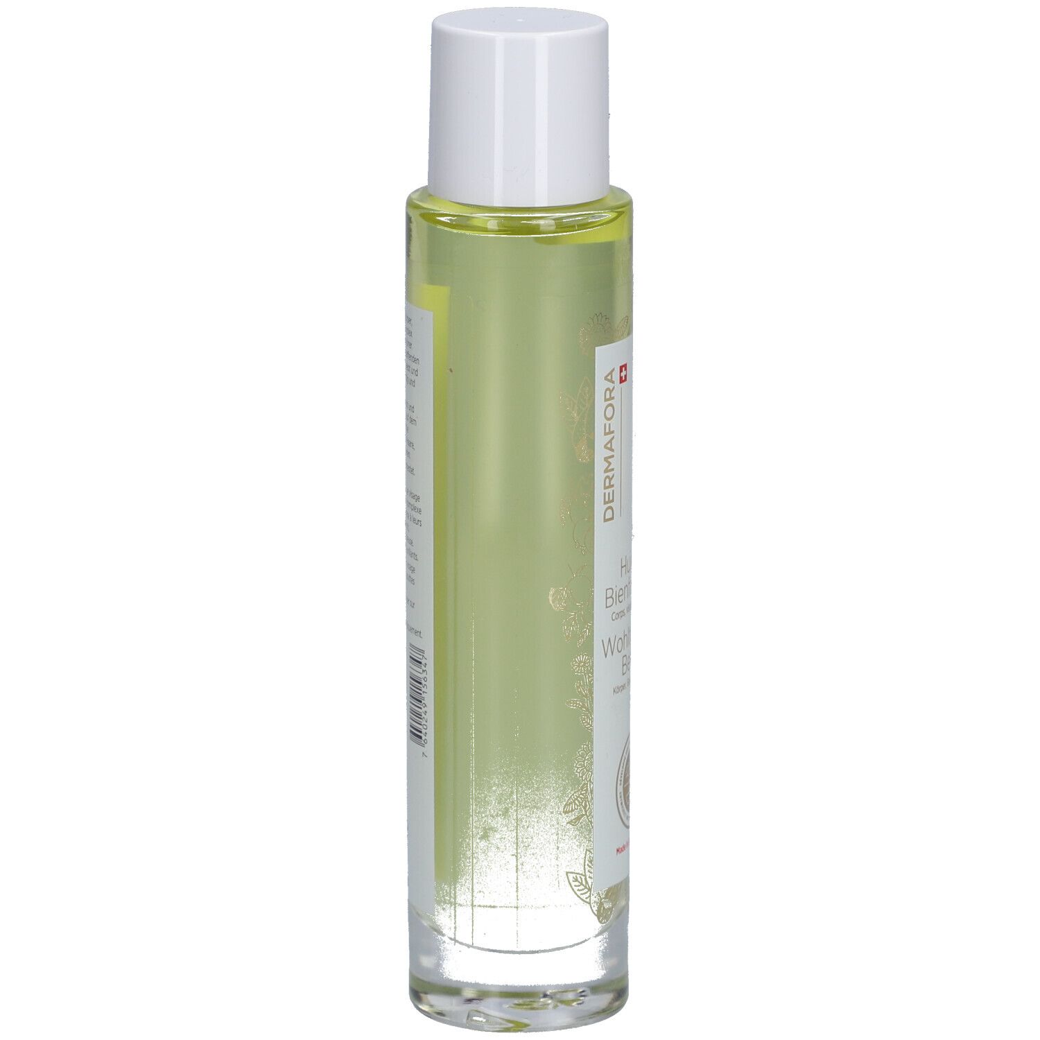 Cilindrische glazen fles met heldere, gelige vloeistof. Witte dop. Etiket met productinformatie en logo.