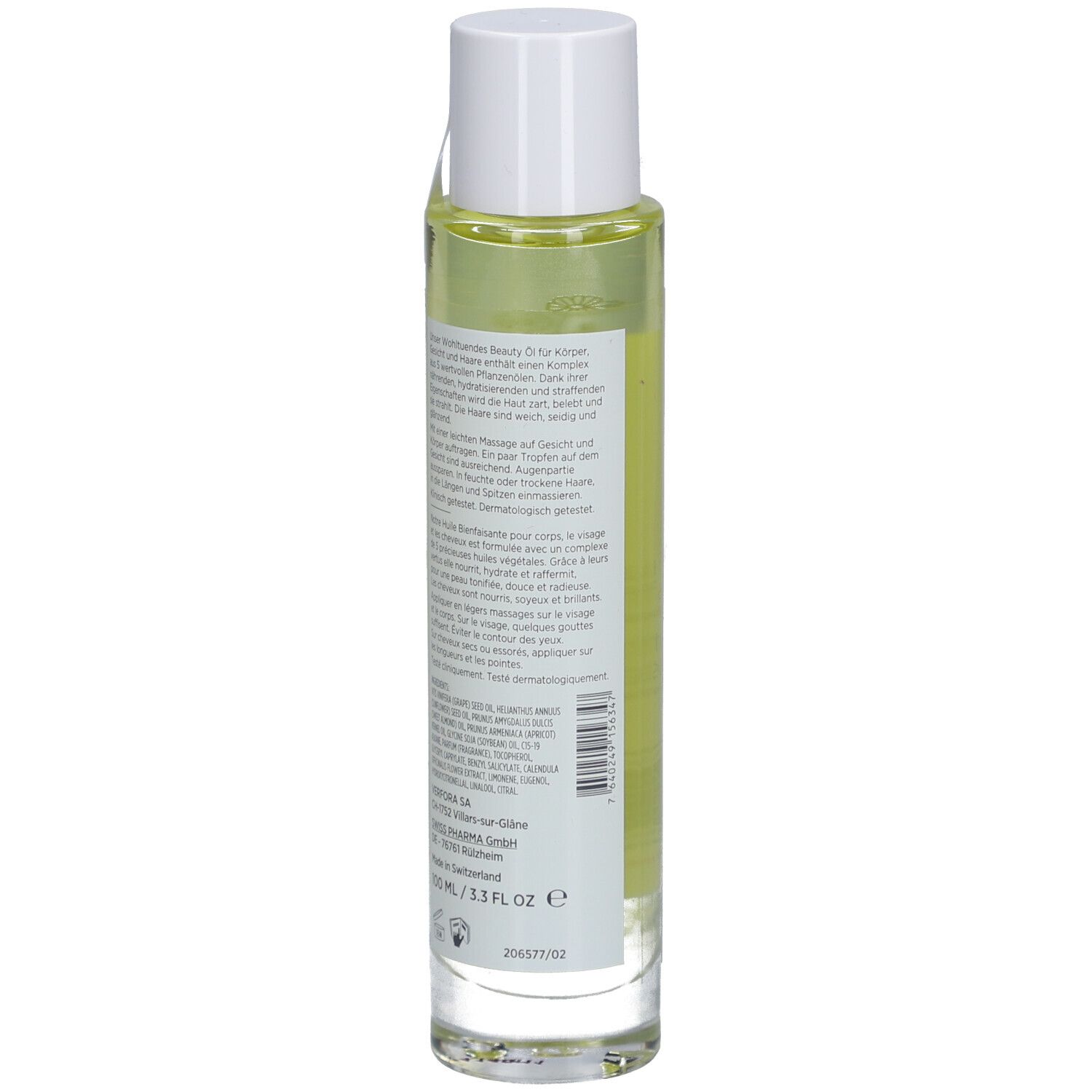 Glazen fles met gelige vloeistof. Etiket met Duitse tekst. Witte dop. Productinformatie.