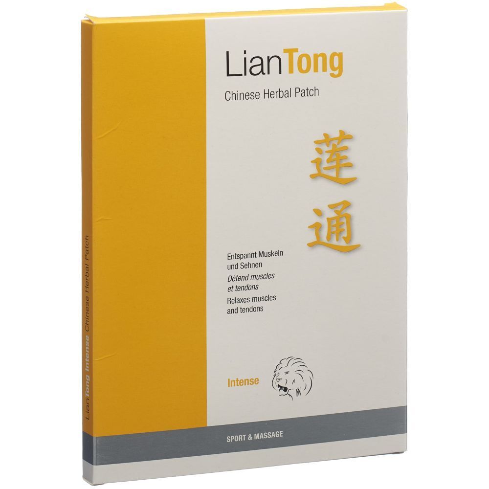 Boîte LIANTONG Chinese Herbal Patch. Jaune et blanc, avec nom et logo du produit. Texte en allemand, anglais et chinois.
