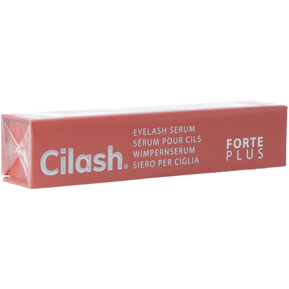 Boîte rouge avec Cilash® et FORTE PLUS. Contient un sérum pour cils. Emballé dans du plastique.