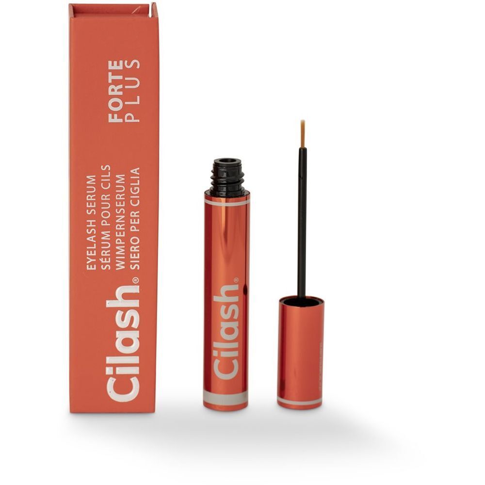 Boîte et flacon rouges avec Cilash®. Contient un sérum pour cils. Applicateur visible.