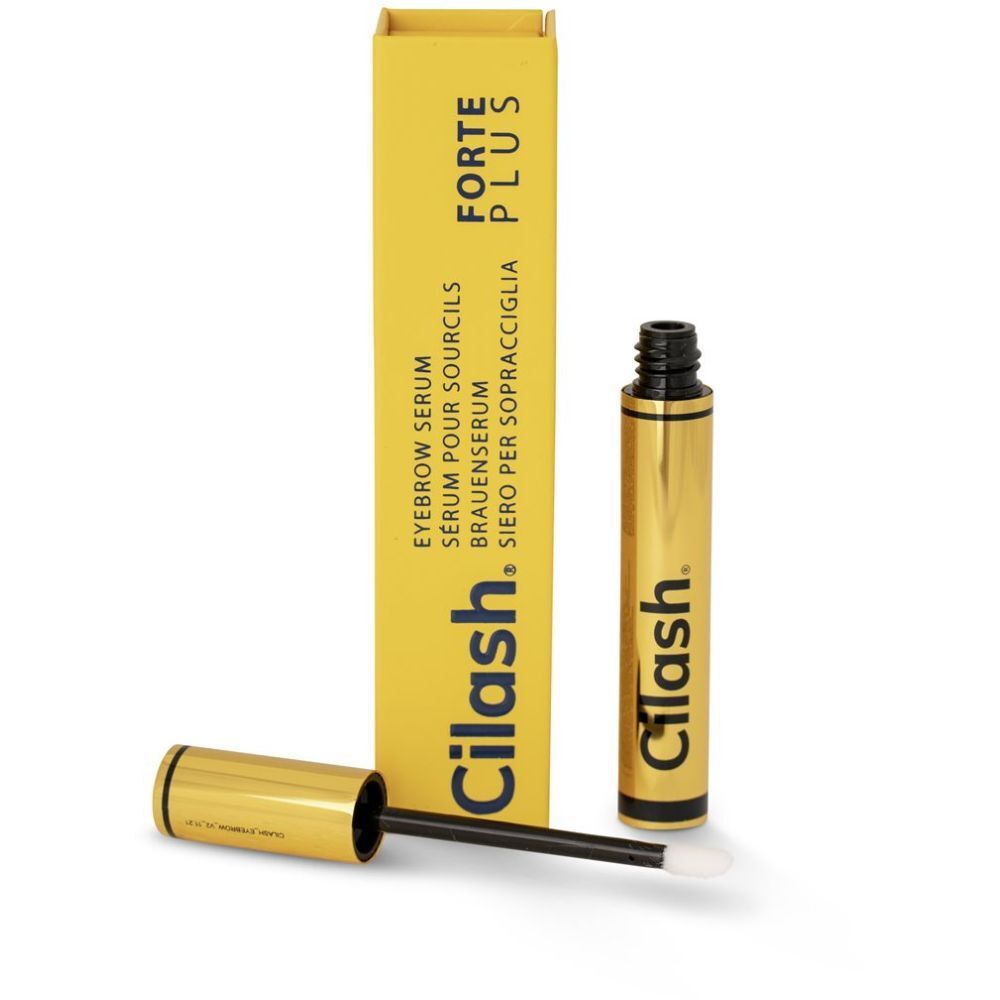 Flacon doré et boîte jaune "Cilash FORTE PLUS". Sérum pour sourcils avec applicateur.