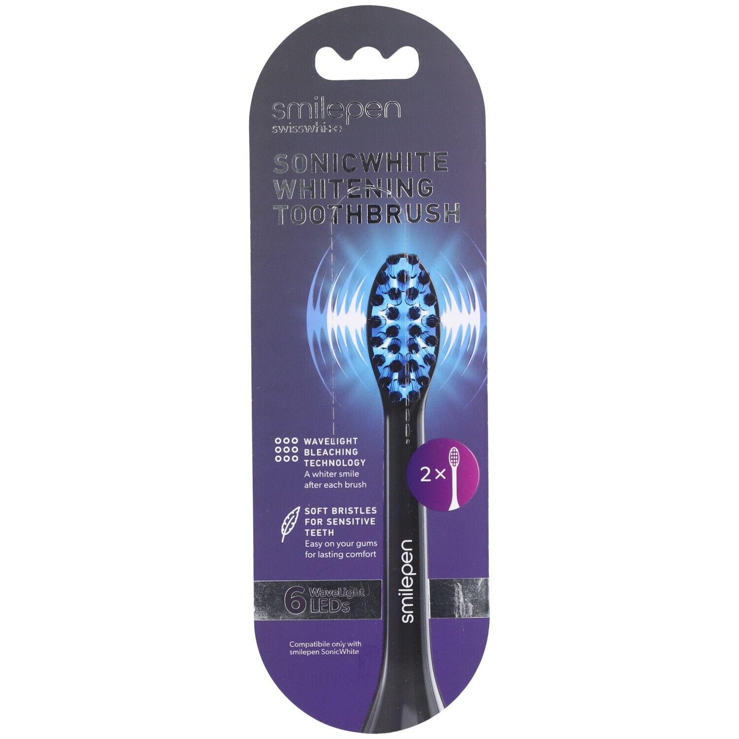 Zwarte borstelkop met blauwe borstelharen. Opschrift: "SONIC WHITE WHITENING TOOTHBRUSH". 6 LED's en "smilepen" logo zichtbaar.