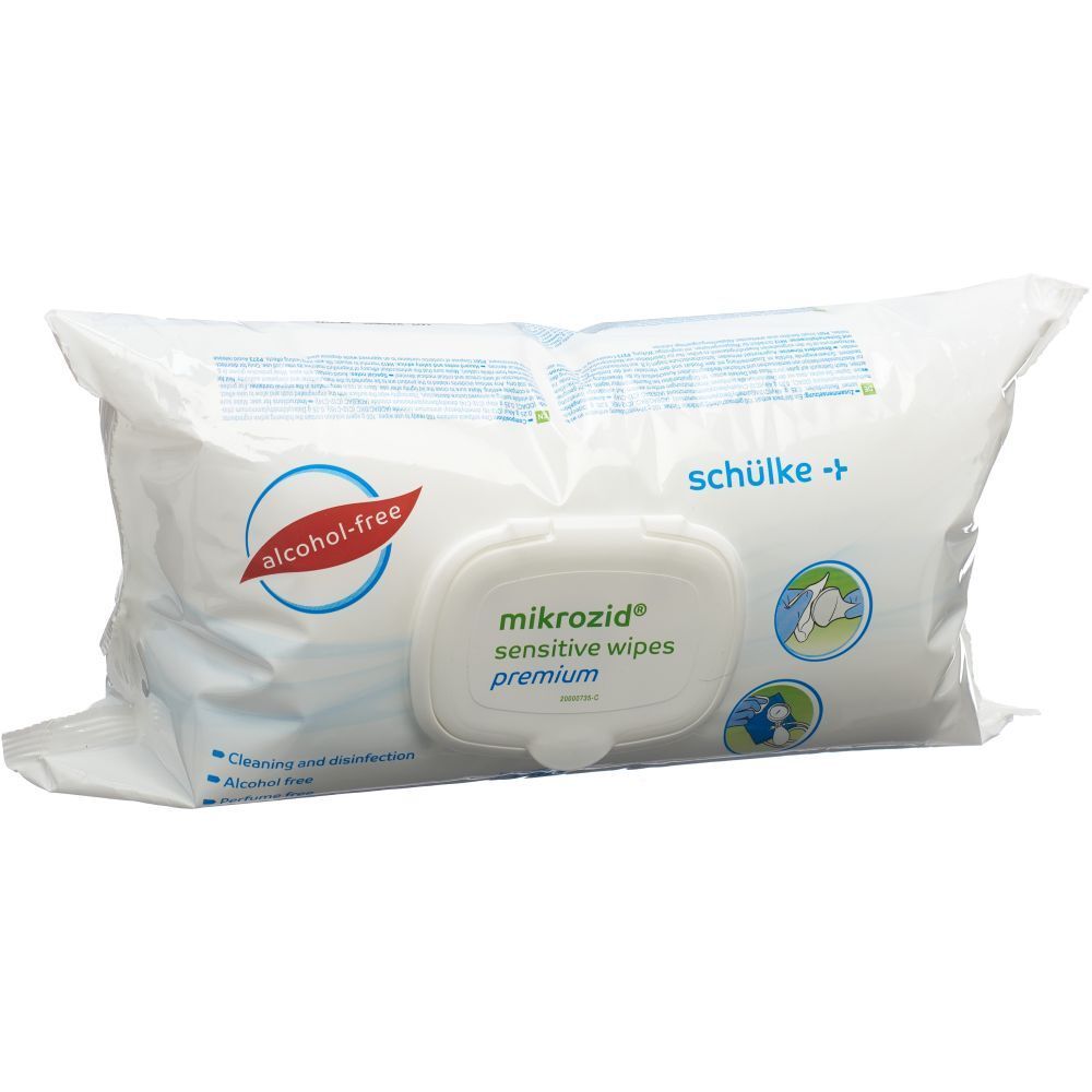 Verpakking van mikrozid® sensitive wipes premium. Witte zak met opdrukken, waaronder "alcohol-free" en "schülke +", en de productnaam.