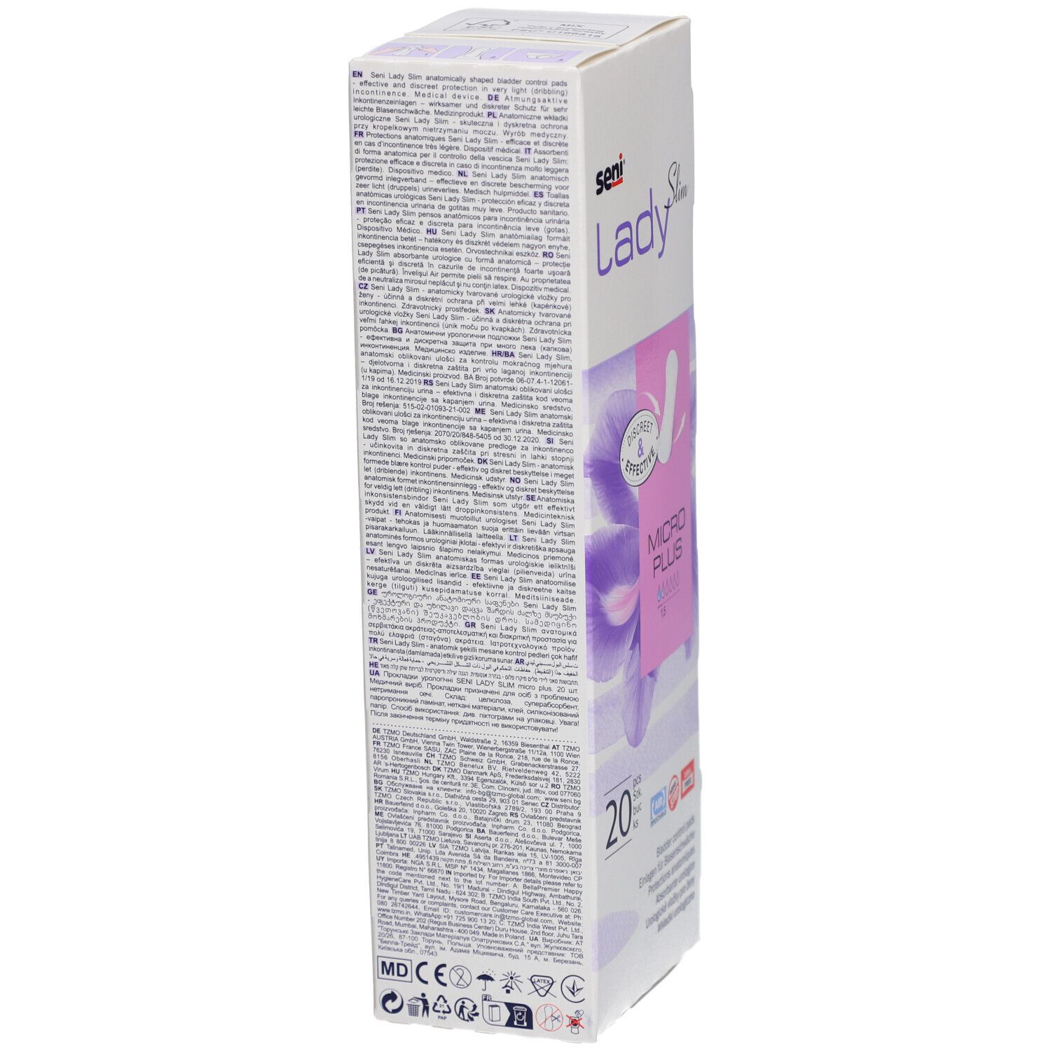 Smalle verpakking Seni Lady Slim Micro Plus. Meertalige tekst. 20 stuks. Opschrift: Discreet & Effective.