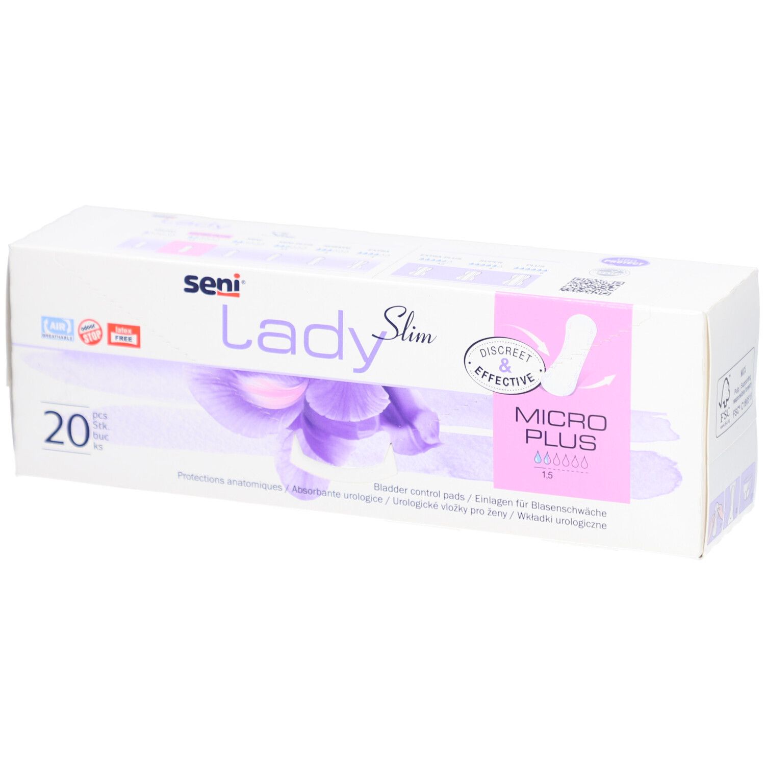 Verpakking Seni Lady Slim Micro Plus. 20 stuks. Opschrift: Discreet & Effective. Inlegkruisjes. Wit-paars design.